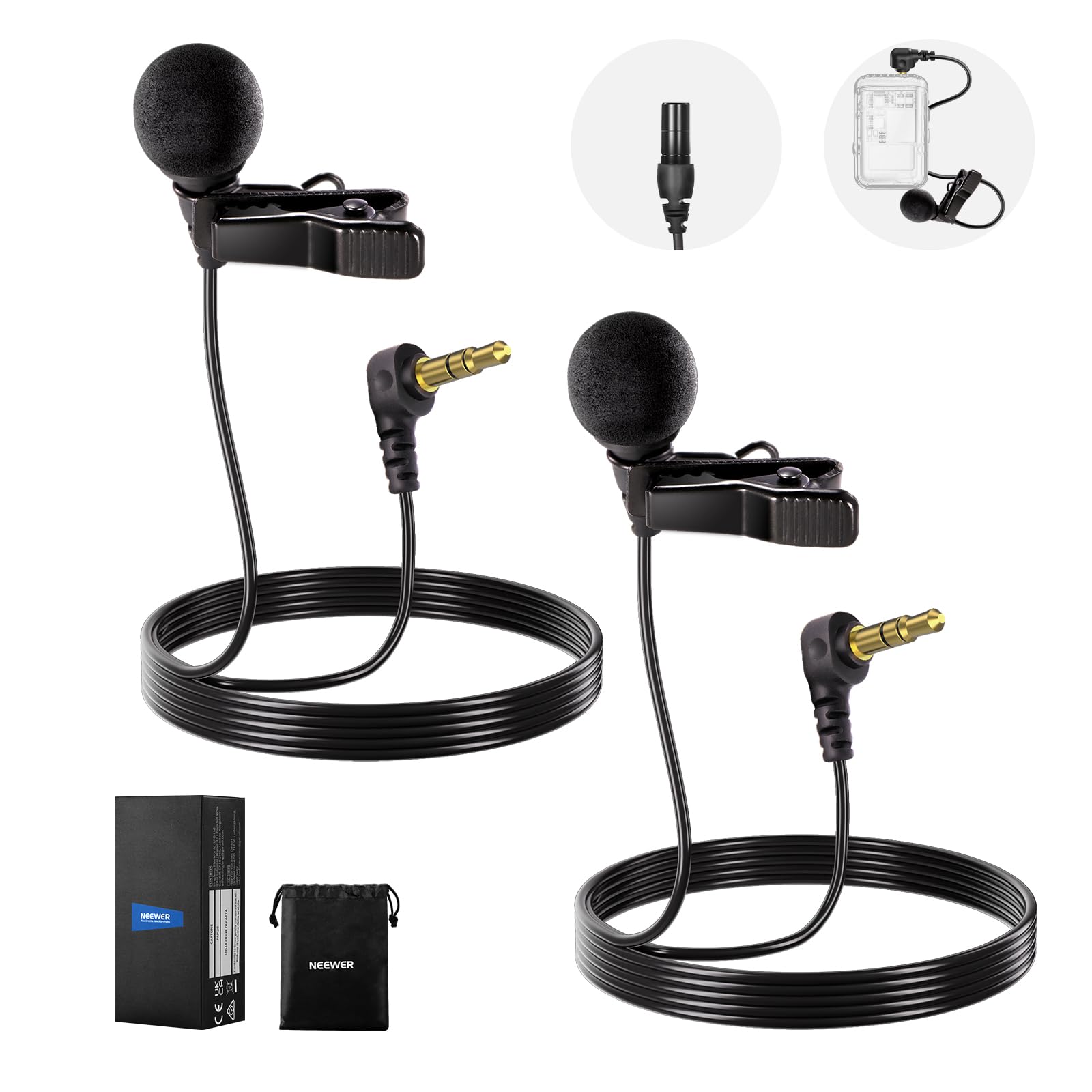 NEEWER 4mm Mini Lavalier Microphone (2 Pack), Clip On Wired Condenser Lapel Lav Mic Set with 5ft/1.5m 3.5mm TRS Connector Compat