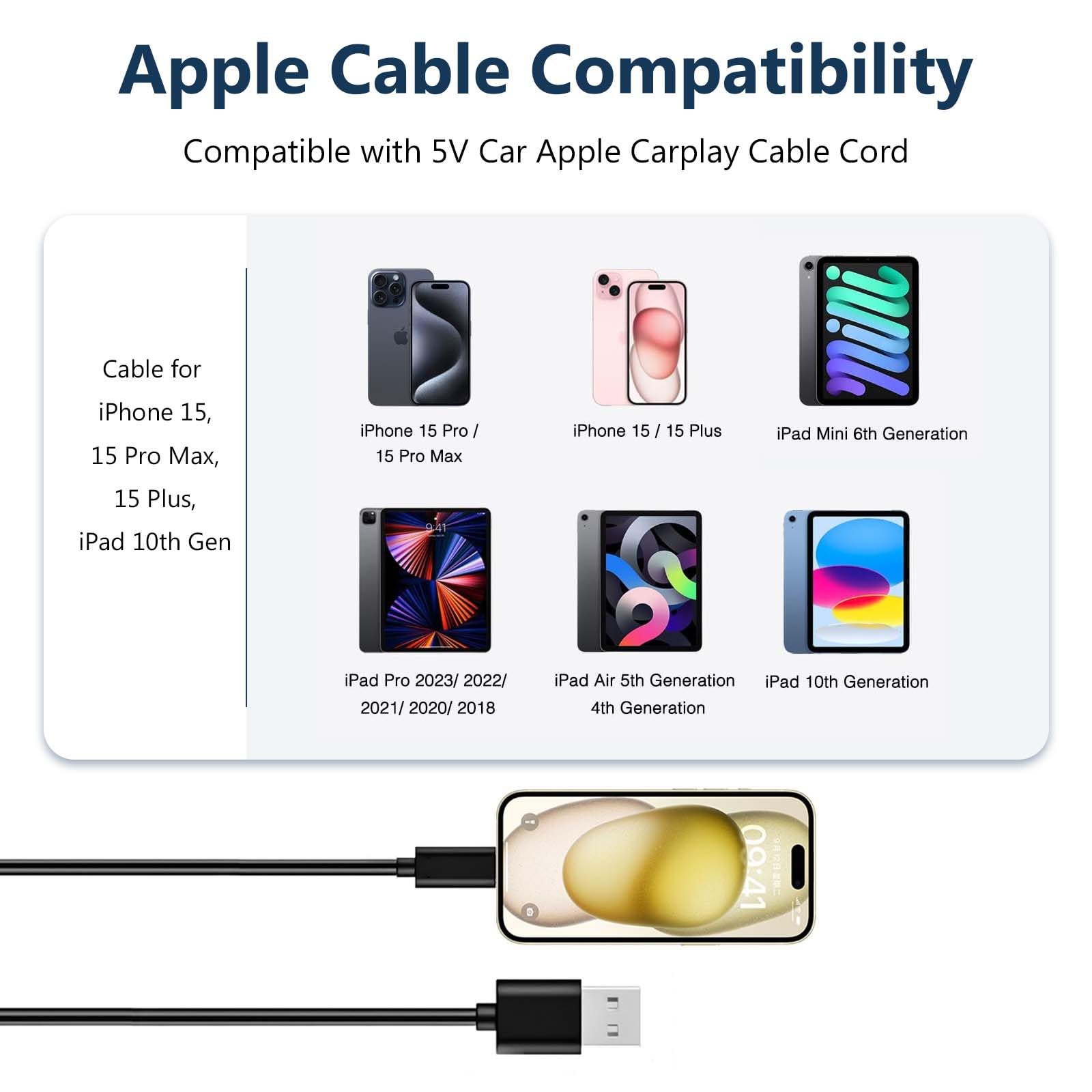 Car Carplay Cable Usb A To Usb C Charging For Iphone 16 15,Iphone 16 15 Pro Max 15 Plus Charger Macbook Air/Pro, Ipad Pro 12.9 11 Inch, Ipad Air 5 4, Mini 6 Cord Compatible With Apple Tv 4K Remote 3Rd
