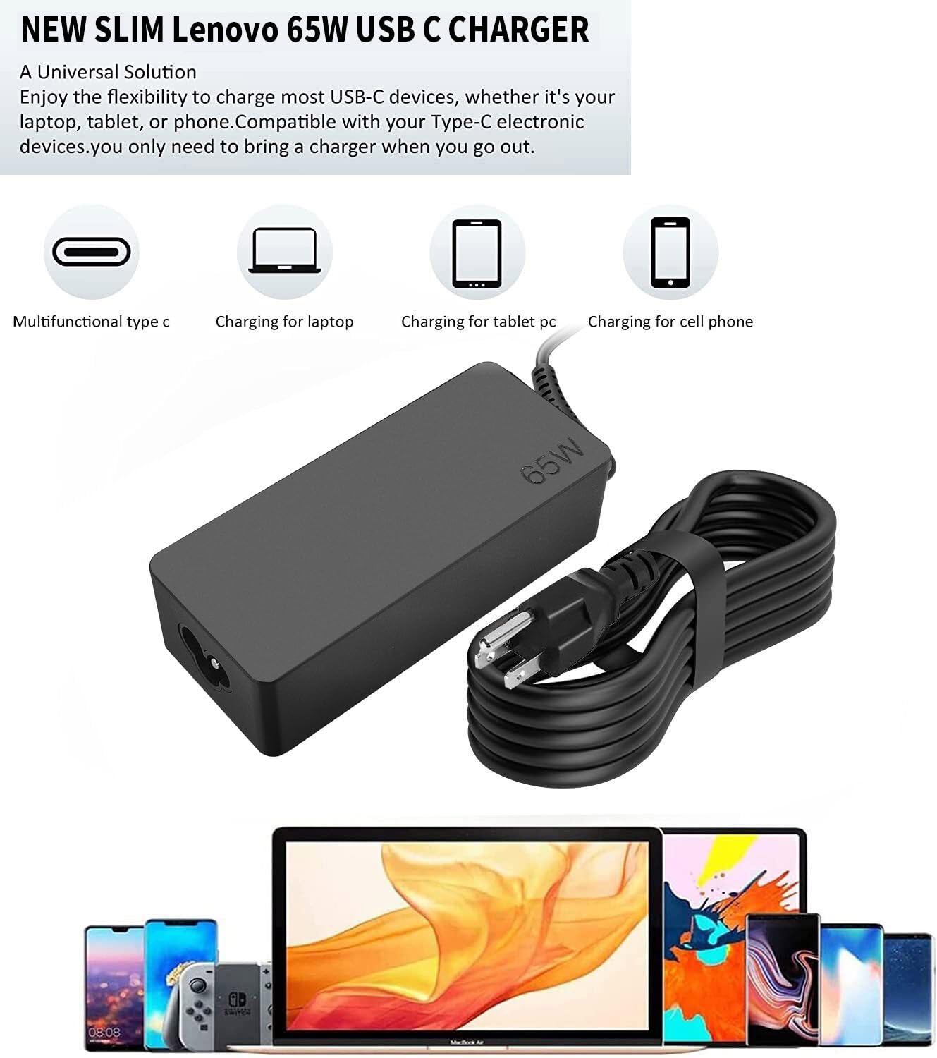 65W Usb C Charger For Lenovo Thinkpad/Chromebook/Yoga,Thinkpad T480 T490 T580 X270 X280 X380 X390 E480 E580 E590 Adlx65Ydc2A Len