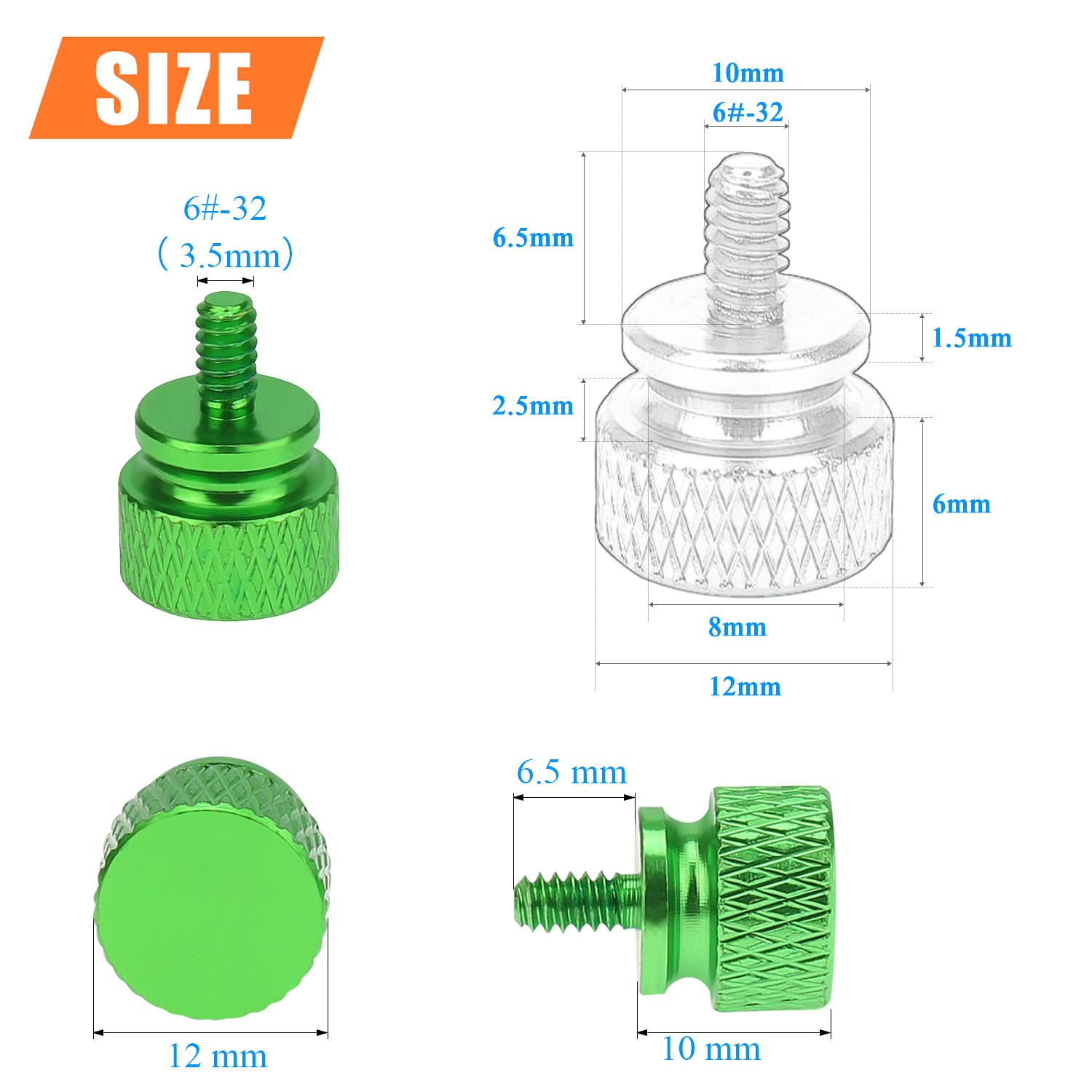 Helifouner 20 Pieces 6 32 Thread, Green Color Anodized Aluminum Computer Case Thumbscrews, Thumb Screws For Computer Case/Cover/