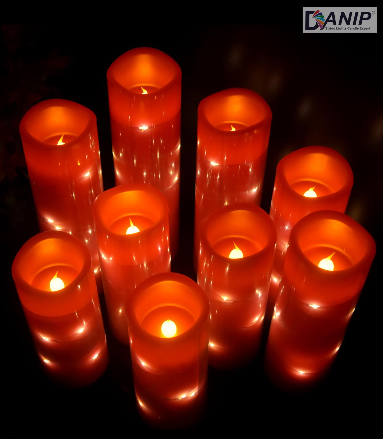 Danip Red Flameless Candle, Built In Star Cluster, 9 Led Candles, 11 Button Remote Control, 24 Hour Cycle Timer, Flashing Flame,
