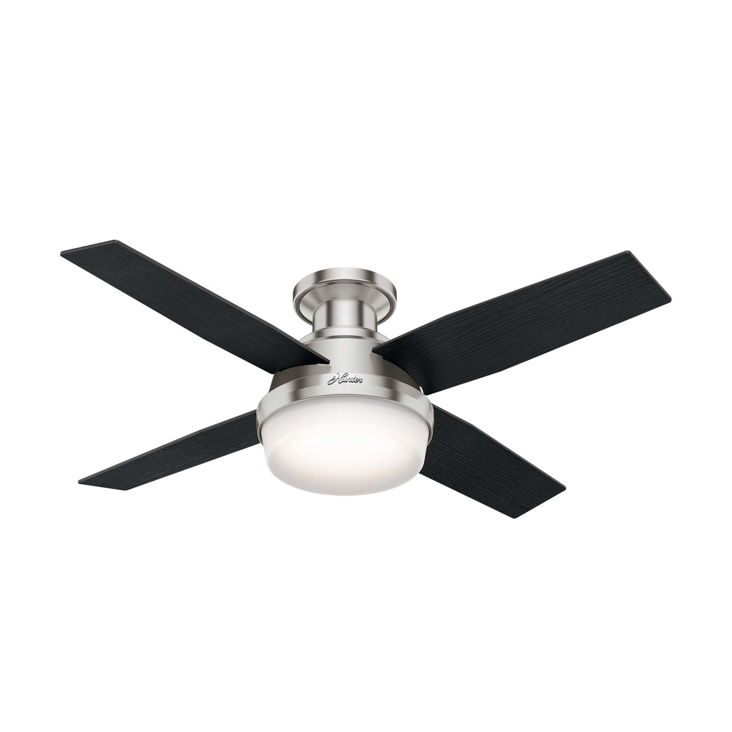 Hunter Fan Dempsey Low Profile Ceiling Fans With Lights And Remote, Flush Mount Ceiling Fan With Lights, Metal, Brushed Nickel F