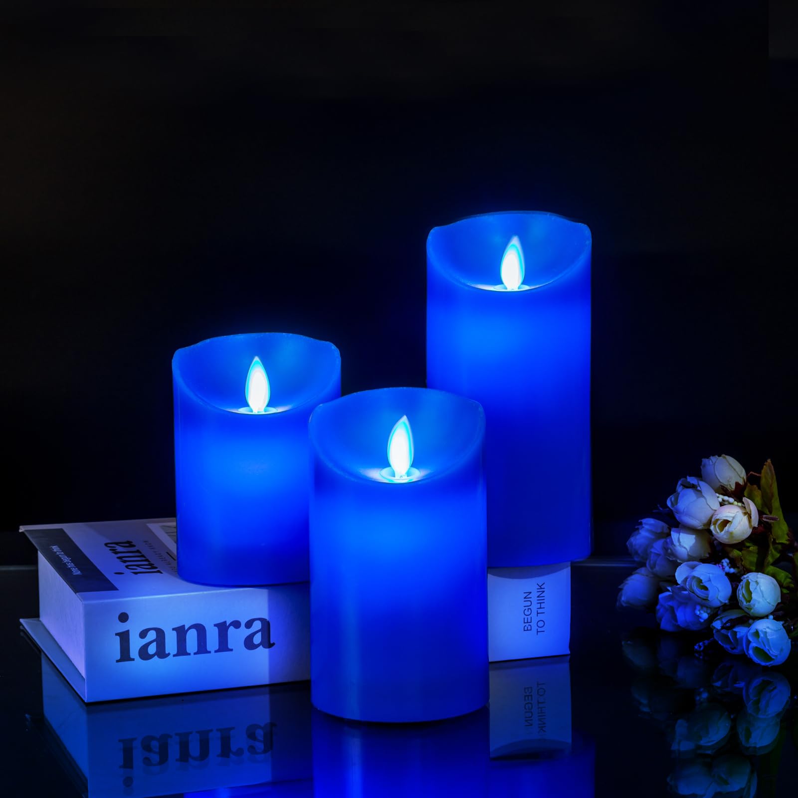 Windshell Blue Flame Candles (Blue Led Light Source), Moving Wick Design, Real Wax/Battery Operated, Remote Control With Timer A