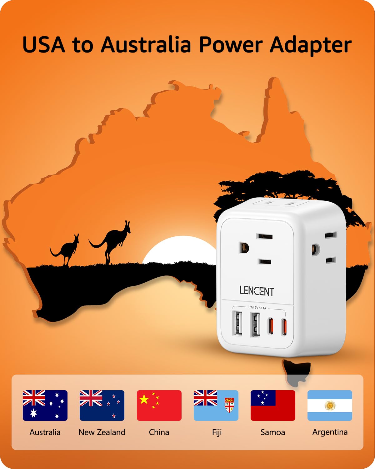 Lencent Foldable Australia Travel Plug Adapter, Us To New Zealand China Power Adaptor With 4 Outlets, 4 Usb Charger(2 Usb C Port