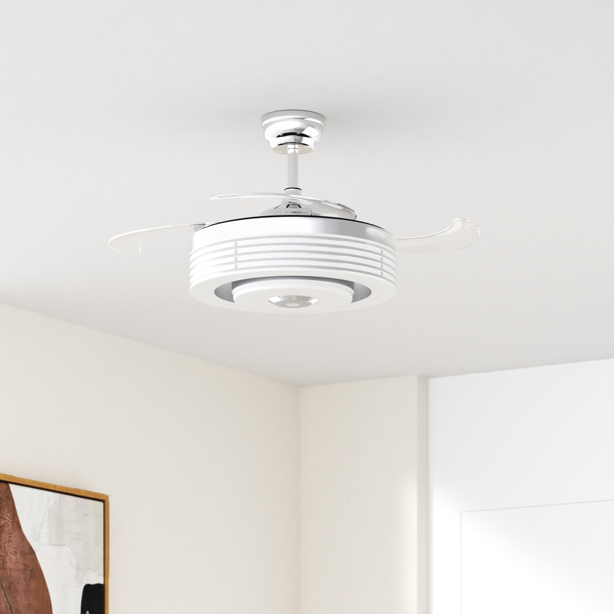 42 Inch Modern Retractable Ceiling Fan With Lights And Smart Remote,Led Fandelier Ceiling Fan With Light 6 Speed Bluetooth Speak