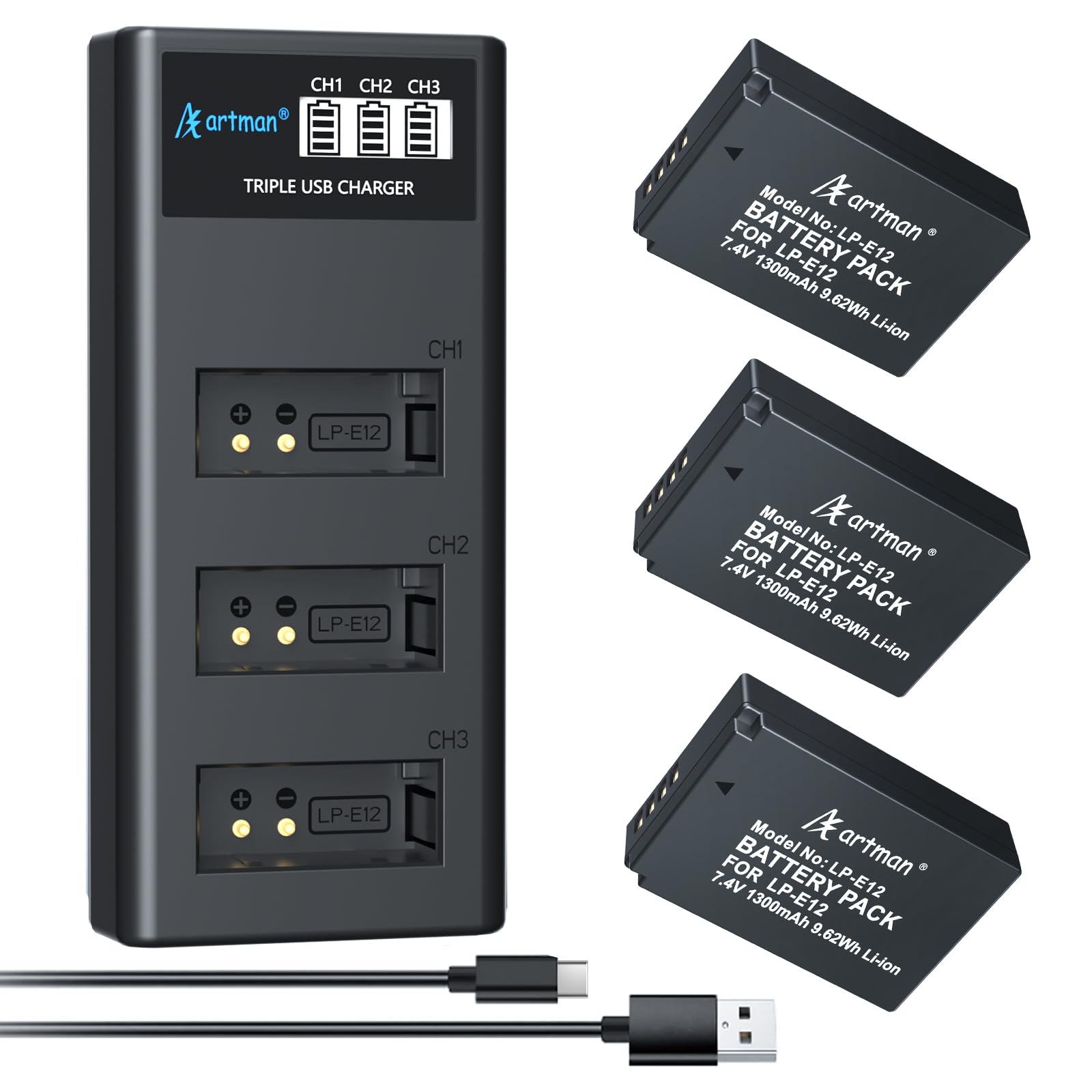 Artman 3 Pack Lp E12 Batteries 1300Mah And 3 Slot Lcd Charger Pack For Canon Eos M50, M50 Mark Ii, M, M2, M10, M100, M200, Rebel