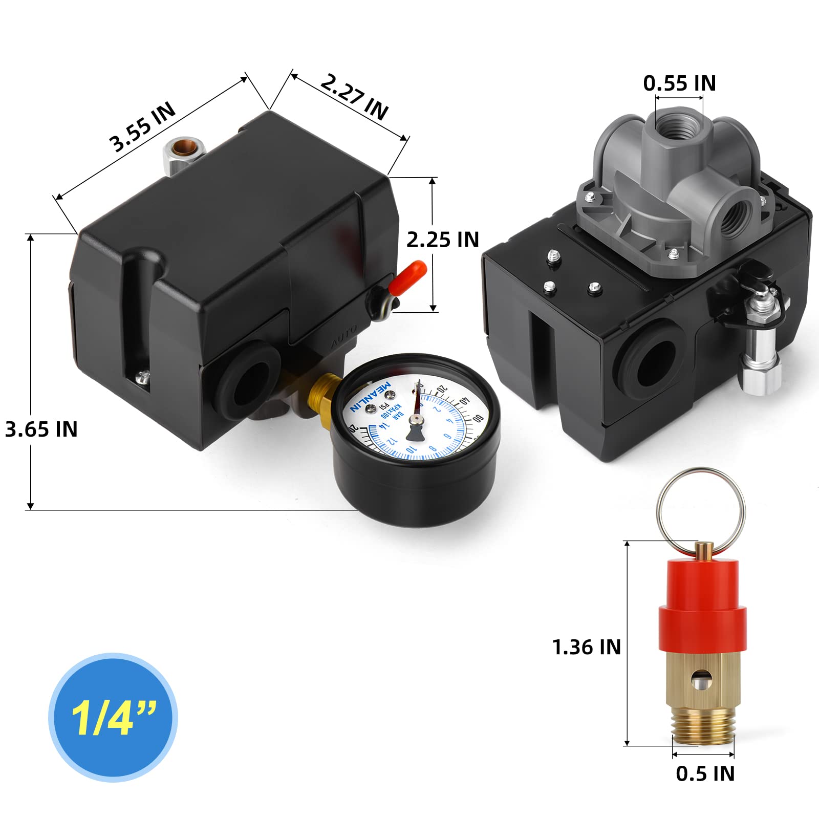 Meanlin Measure Air Compressor Pressure Switch Control Valve 135 175 Psi 110V 240V 4 Way Replacement Parts With 0 200 Pressure G