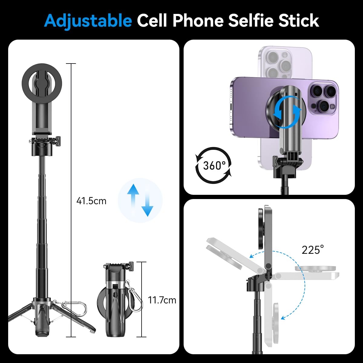 Magnetic Tripod For Iphone With Remote Control,4-In-1 Portable Selfie Stick With Extendable Stand,Phone Travel Tripod For Iphone