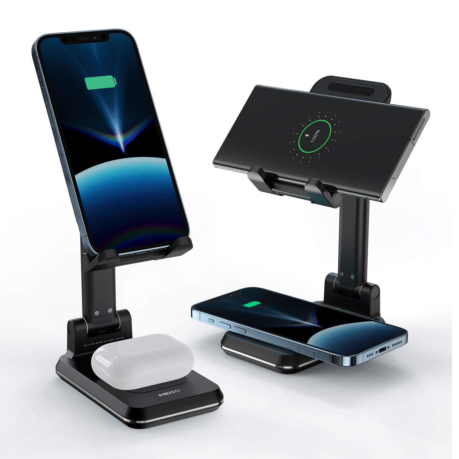 Meiso 2 In 1 Wireless Charger, Dual Wireless Charging Desk Phone Stand, 10W Qi Fastcharging Dock For Iphone 12/11/Max/Xs/Xr/X/8