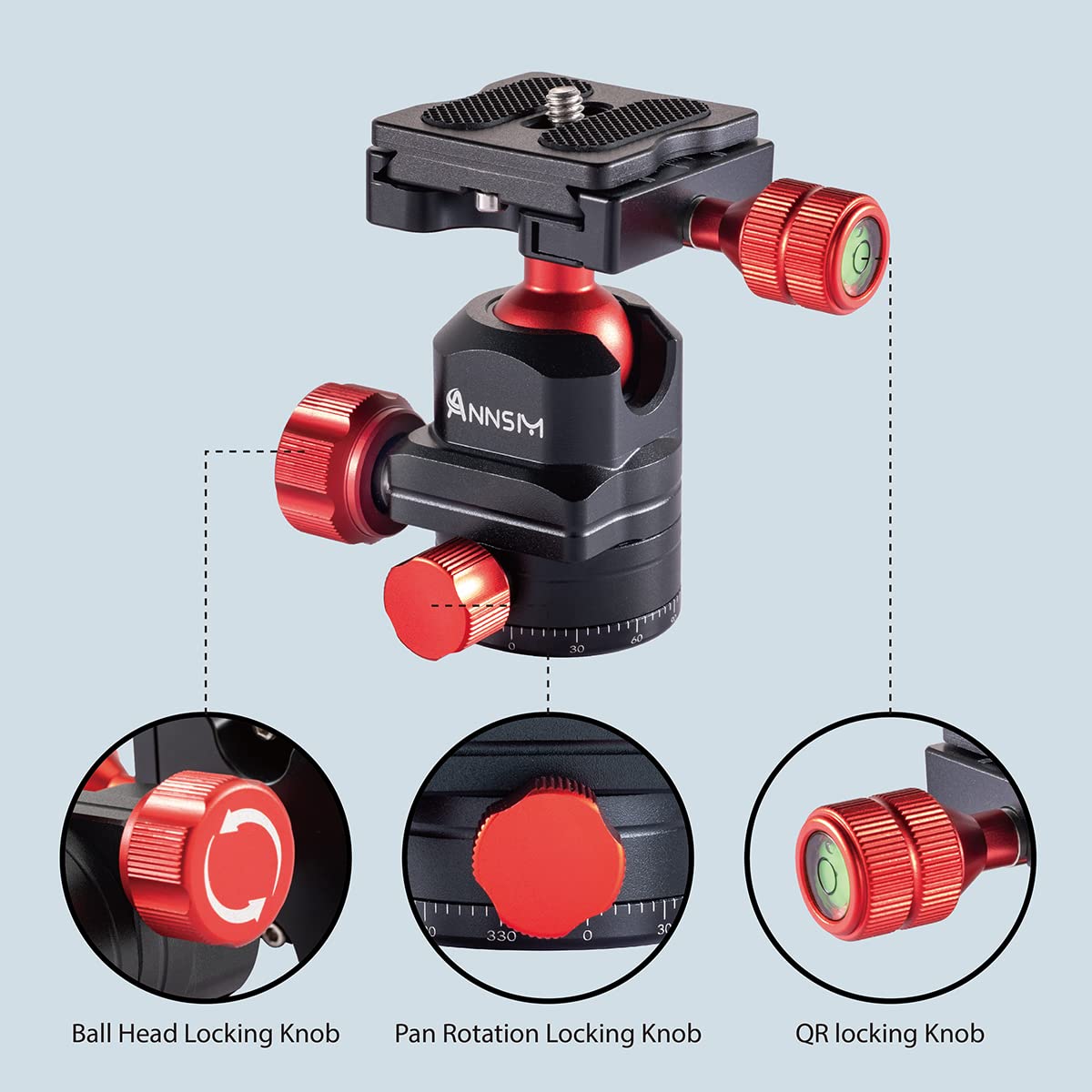 Annsm Tripod Ball Head 360 Degree Rotating Swivel Panoramic Head With Cold Shoe Seat And 38Mm Width Qr Plate For Dslr Camera,Smartphone,Video Light,Slider,Stabilizer,Monopod