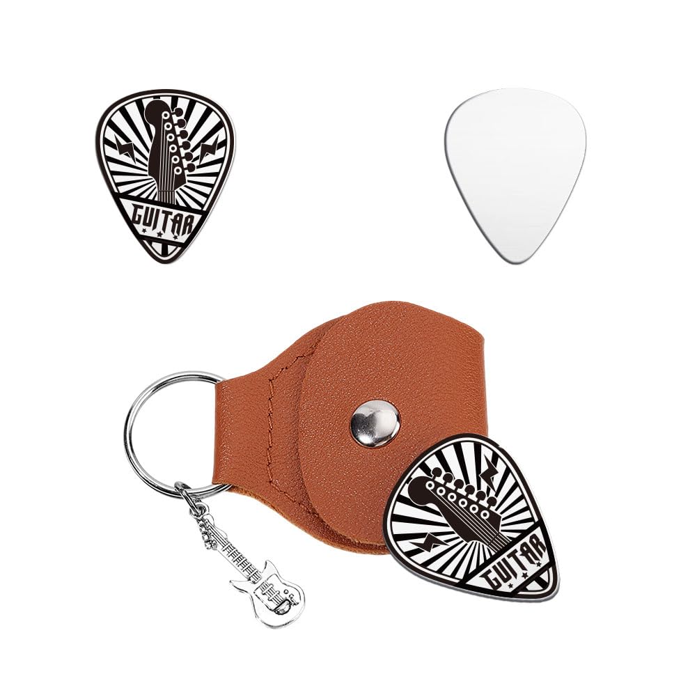 Unicraftale Vintage Guitar Logo Picks Gifts Keychain OneSide Engraved Stainless Steel Guitar Lightning Pick With Brown Pu Leath