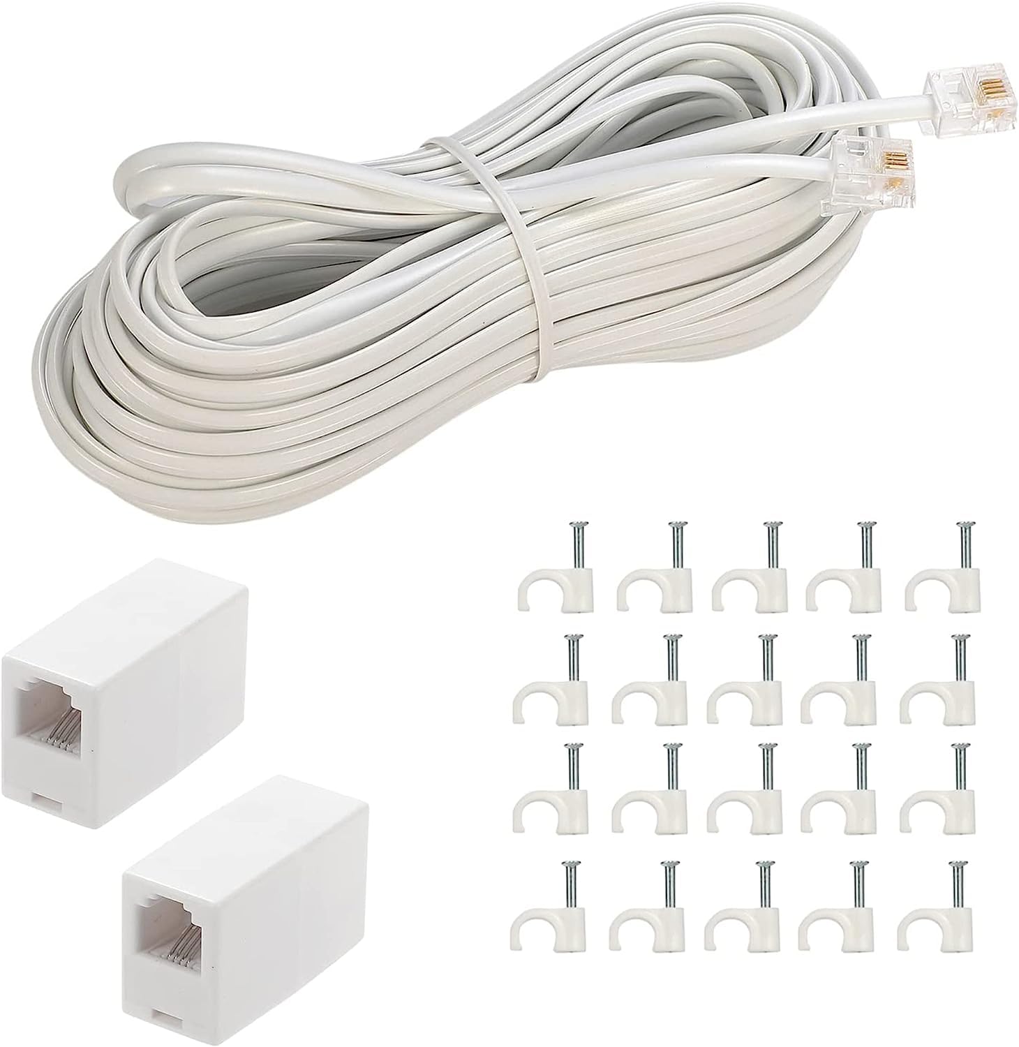 Lansensu Telephone Landline Extension Cord Cable Cord With Standard Rj 11 6P4C Plug (50Ft White, White)