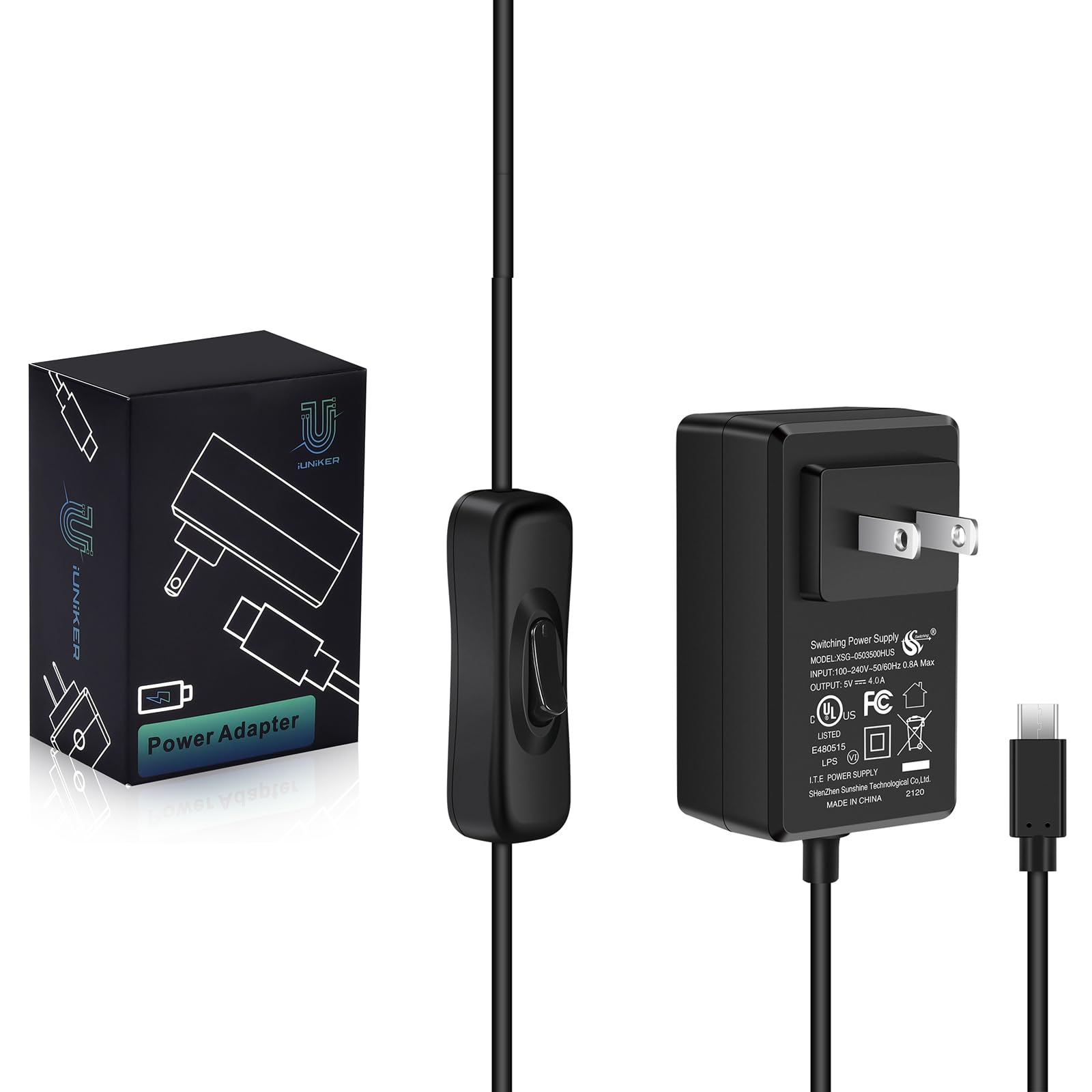 Iuniker 20W 5V 4.0A Power Supply For Raspberry Pi 4/ Orange Pi 5&5B, Ul Listed Type C Power Supply With On/Off Switch For Raspbe