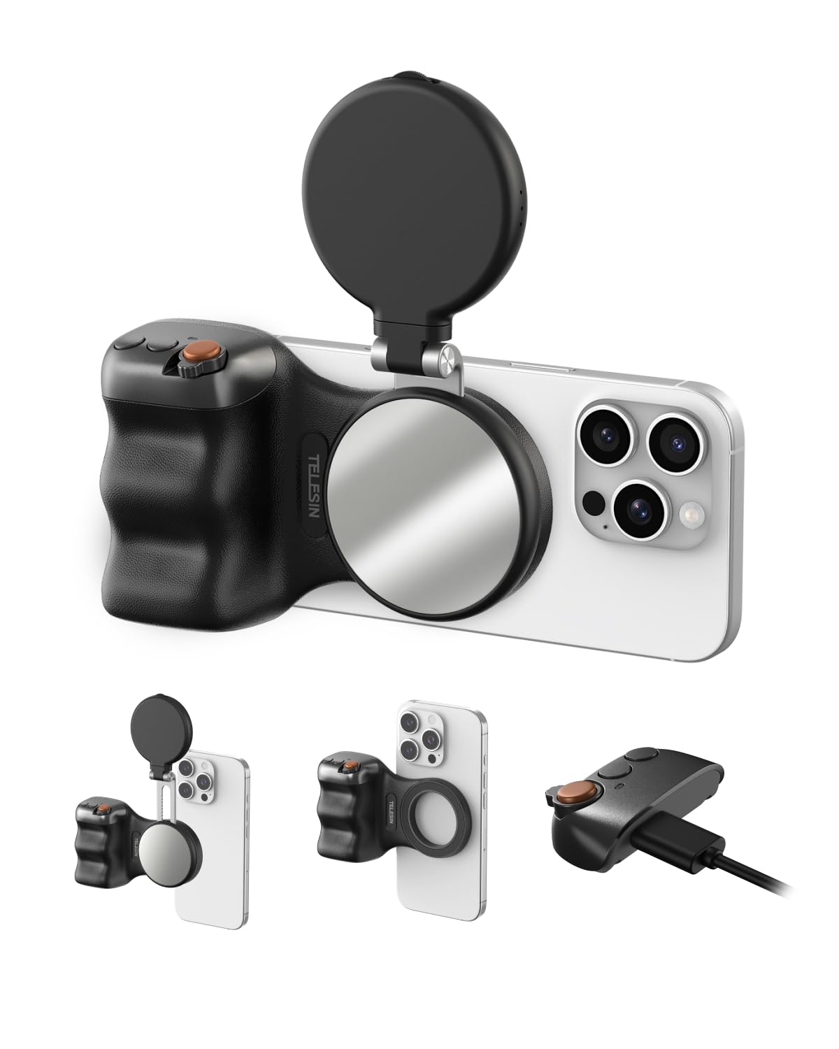 TELESIN Fun Shot Magnetic Phone Camera Grip+ C03 Magnetic Selfie Light Creator Kit Compatible with iPhone Magsafe & Android, Bun