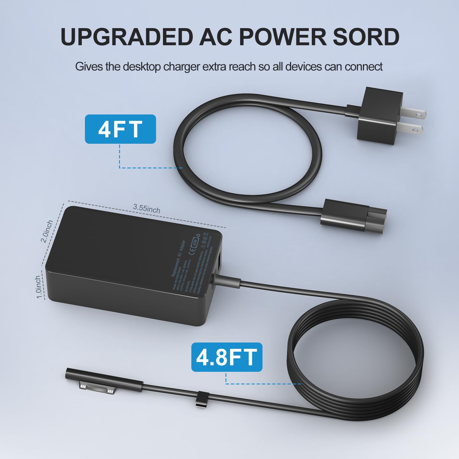 Surface Pro Charger 65W, Surface Laptop Charger For Microsoft Surface Pro 9/8/7+/7/6/5/4/3/X, Surface Laptop 5/4/3/2/1/Studio, S