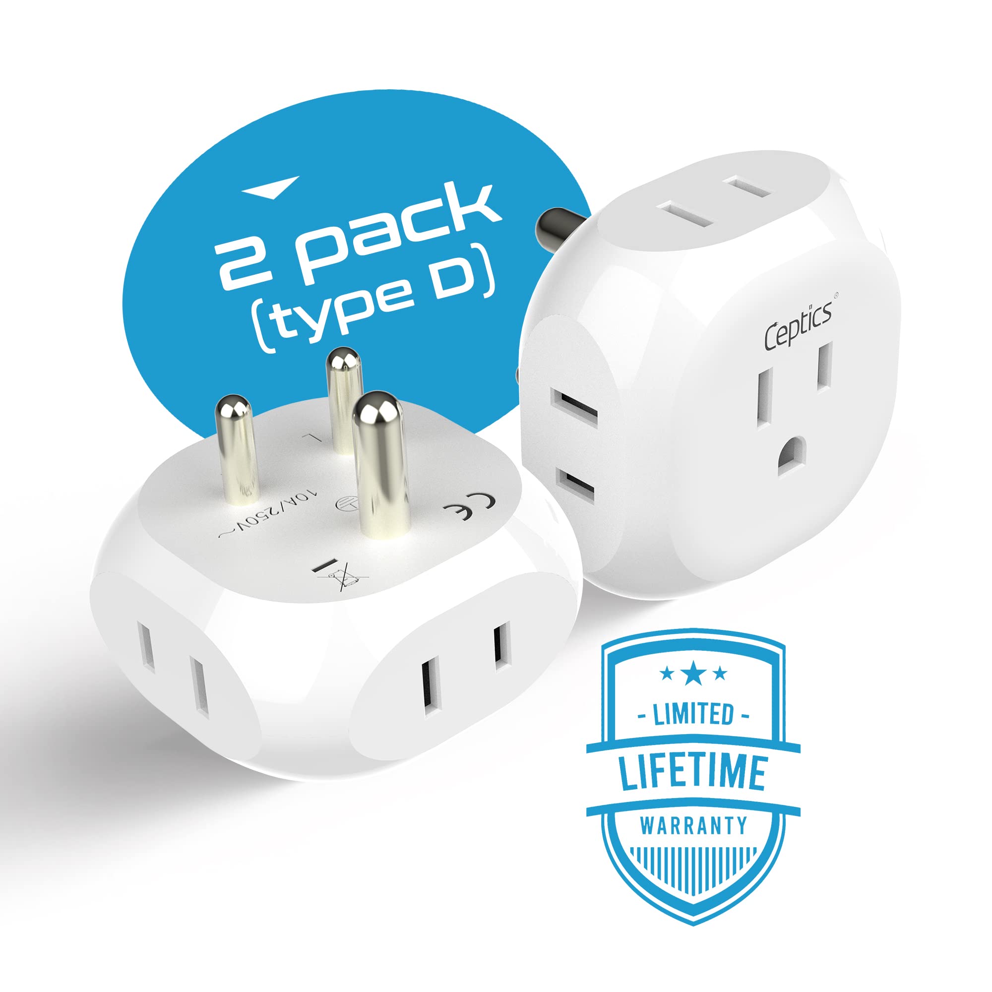 Ceptics India, Pakistan Travel Adapter - 4 Input - Ultra Compact - Light Weight - Usa To Any Type D Countries Such As Bangladesh