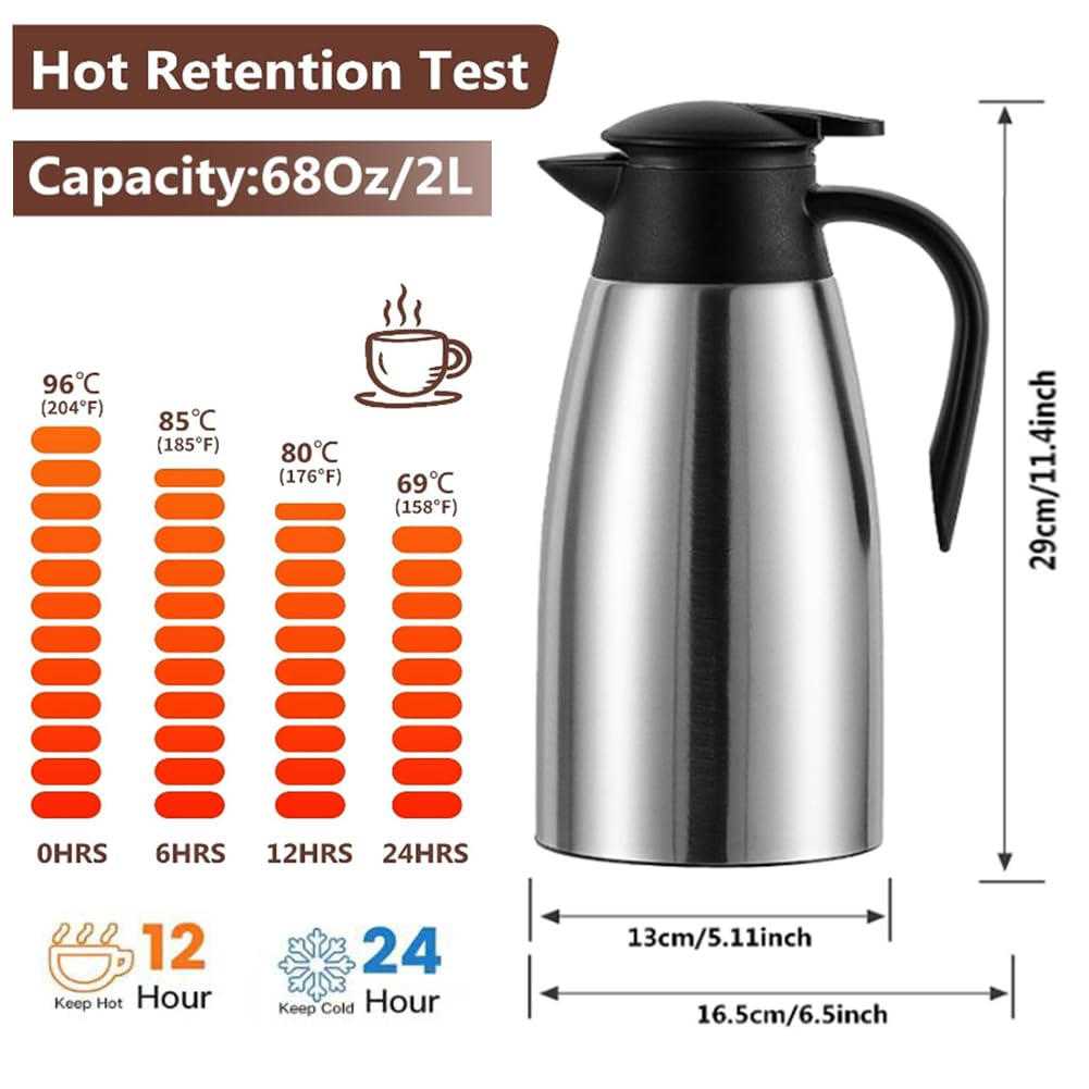 70 Oz Insulated Thermal Coffee Carafe Stainless Steel Double Walled Vacuum Coffee Thermos, Hot Water, Tea, Hot Beverage Dispense