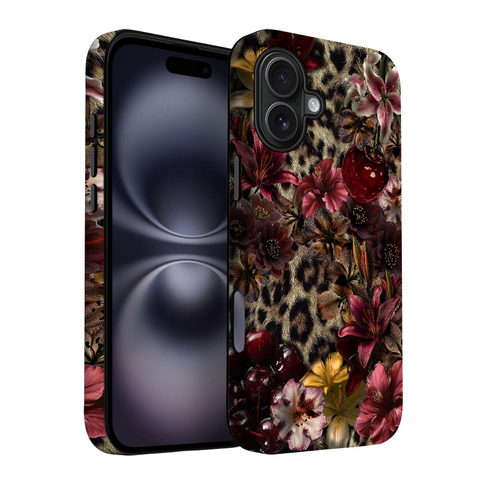 Yuzbira for iPhone 16 Plus Case | Lily Leopard Print Cherry | Slim Drop Protection Design