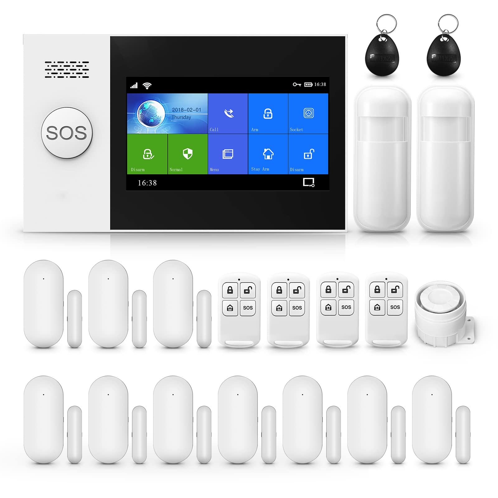 Touch Screen Alarm System For Whole House Security, Wifi Wireless Home Alarm 20 Piece Kit With Siren, Pir Motion Sensor, Remote 