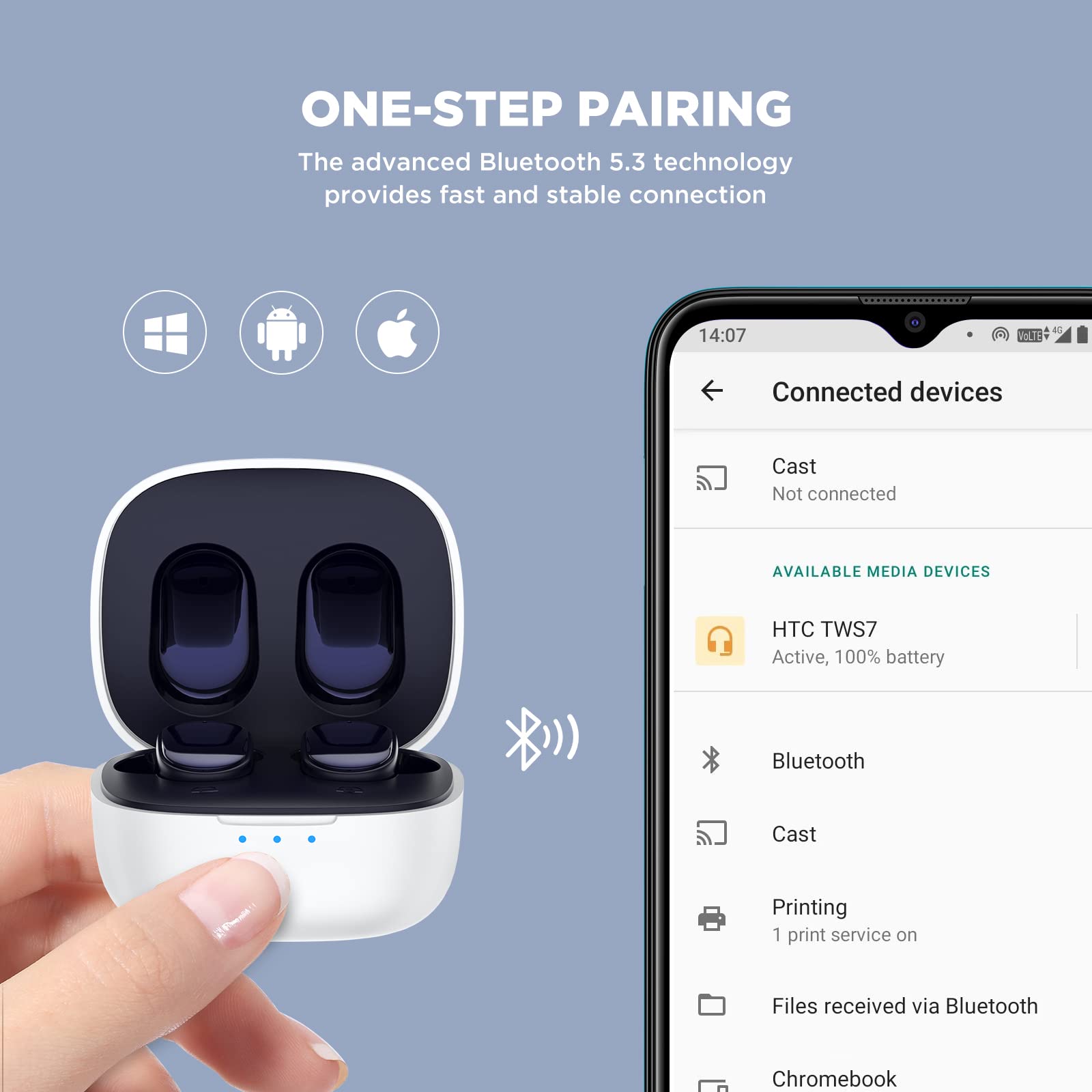 Htc True Wireless Earbuds 7 Bluetooth 5.3, In-Ear Headphones Noise Cancelling 10Mm Driver With Deep Bass For Gaming, Working -40