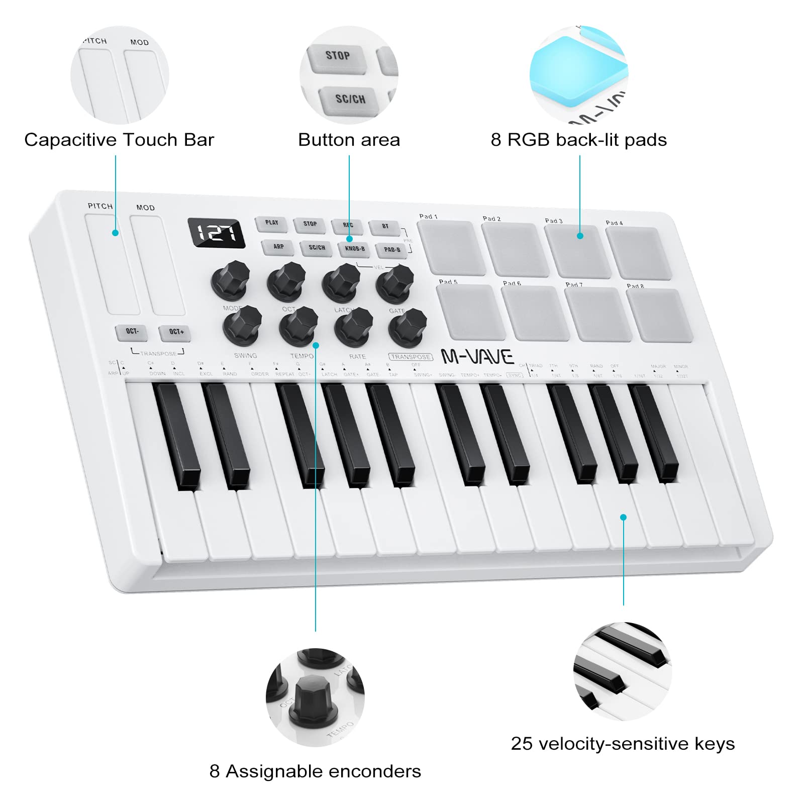 M Wave 25 Key Usb Midi Keyboard Controller With 8 Backlit Drum Pads, Bluetooth Semi Weighted Professional Dynamic Keybed 8 Knobs