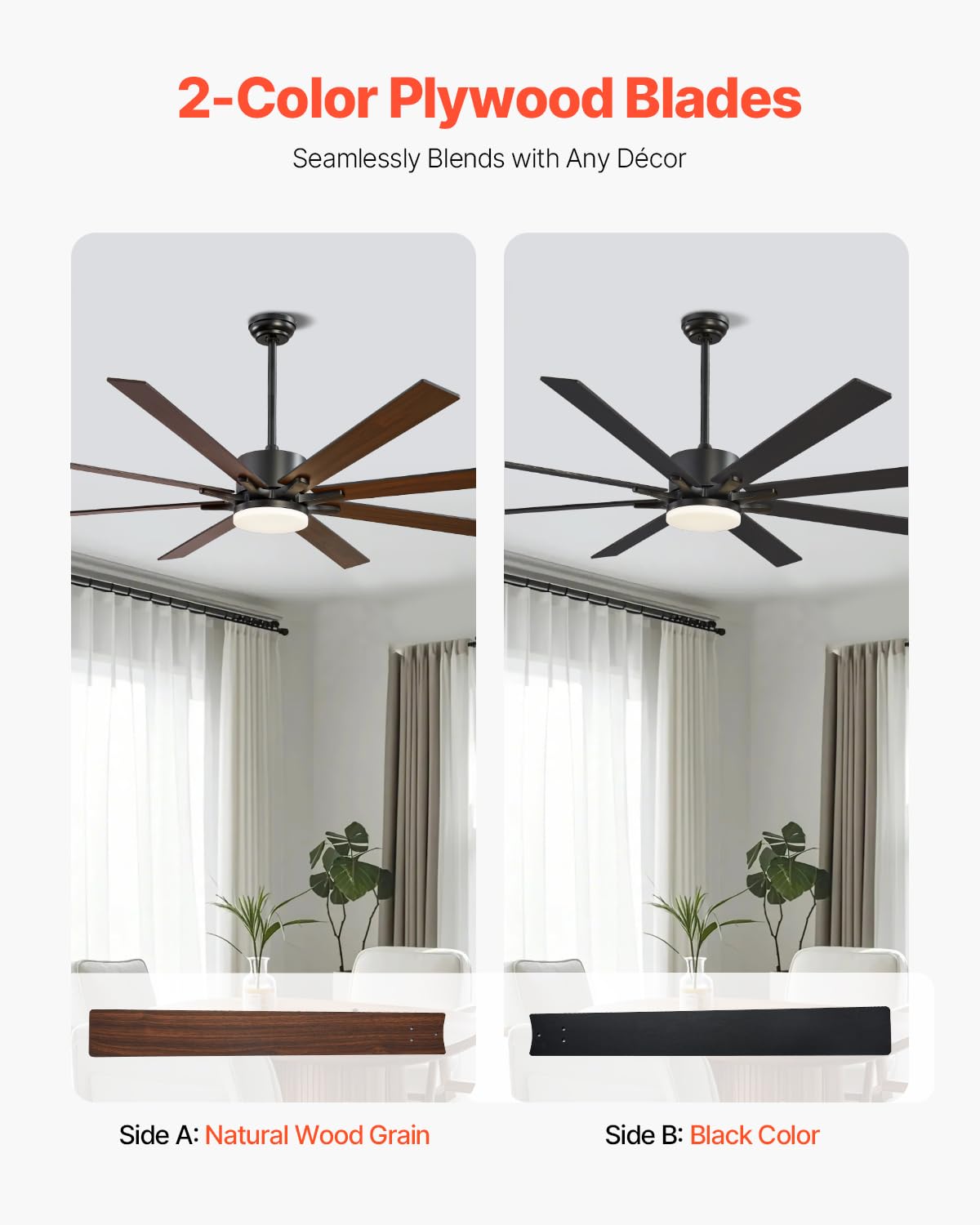 Vevor 72 In Ceiling Fan With Light, 6-Speed Remote Control, Dimmable 3-Color Temperature, Reversible Dc Motor, Modern Low Profil