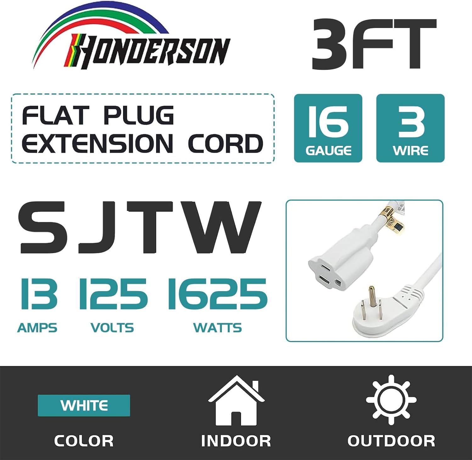 Honderson Flat Plug Indoor Extension Cord, Ul Listed, 16 Gauge 3Ft White 3 Prong Heavy Duty Extension Cord, 16/3 Sjtw 13A Power