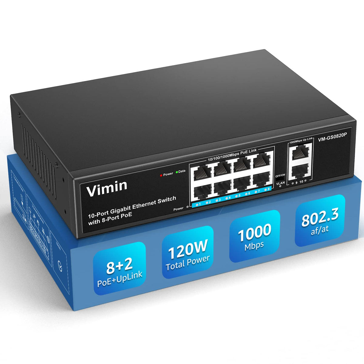 Vimin 8 Port Gigabit Poe Switch With 2 Uplink Gigabit Ports, 10 Port Unmanaged Ethernet Poe Switch With 120W Power, Support Ieee