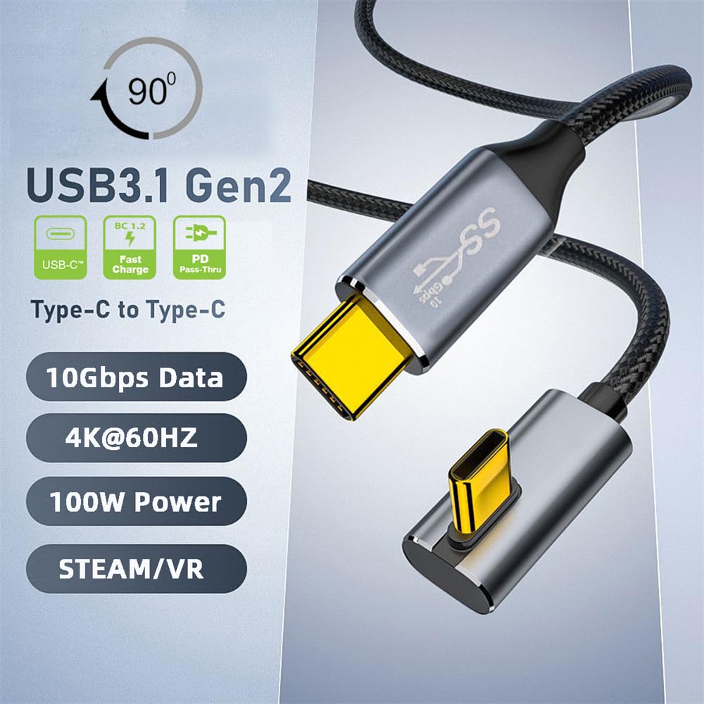 Cablecc 10Gbps 100W Data Reversible Type-C Usb-C Male To Male Usb3.1 Cable Low Profile Angled 90 Degree For Laptop Phone 200Cm