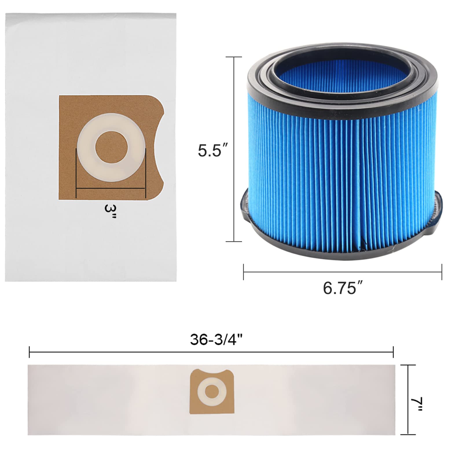 2 Pack Vf3500 Filter Replacement For Ridgid Portable Vac 3-4.5 Gallon Wet Dry Vacuums + 4 Pack Vf3501 Filter Bags (6 Pack)