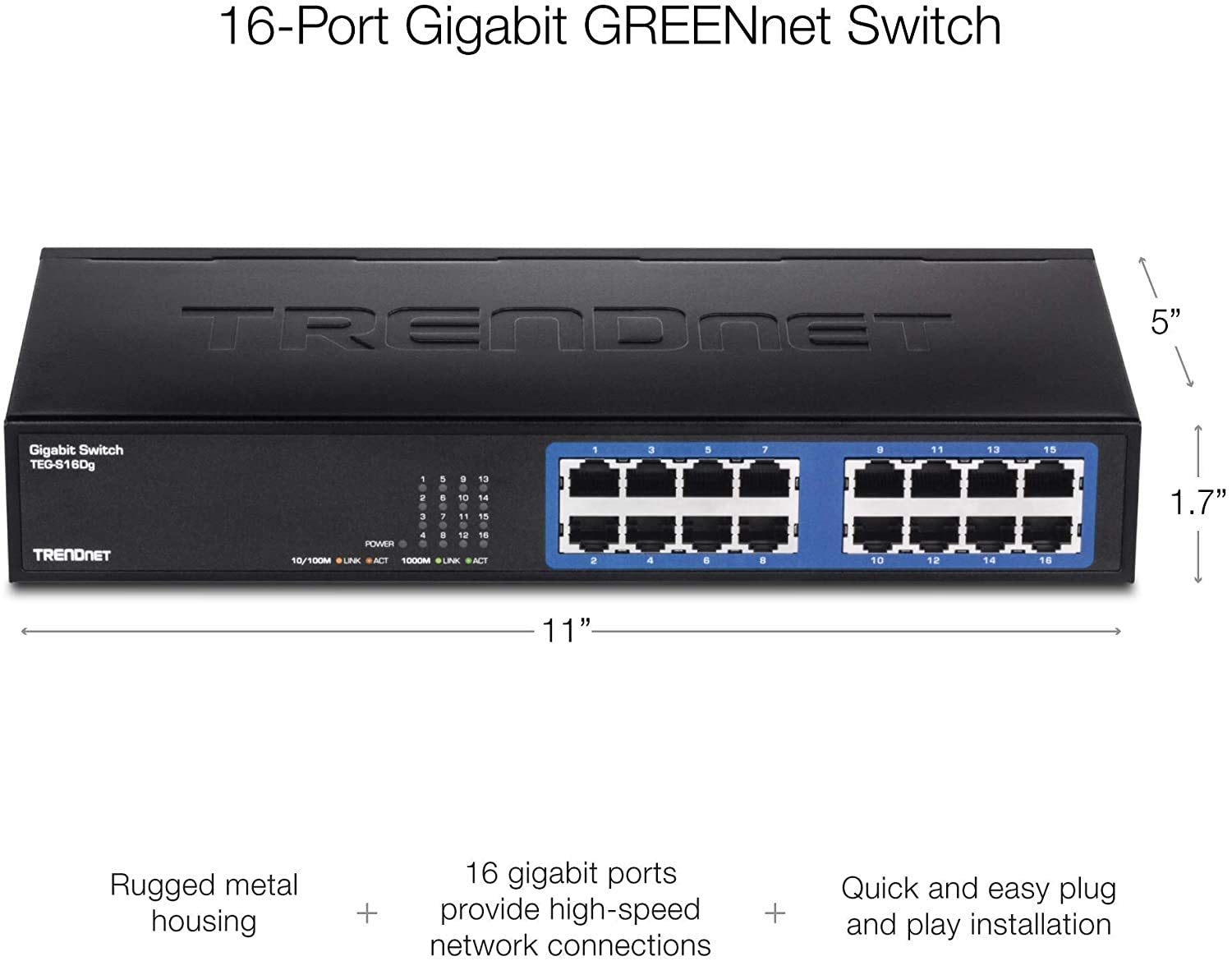Trendnet   Teg S16Dg 16 Port Unmanaged Gigabit Greennet Desktop Metal Switch, Teg S16Dg, Ethernet Splitter, Ethernet/Network Swi