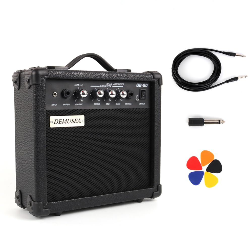 Demusea 20W Watt Electric Bass Guitar Black Amplifier Portable Travel Mini Practic Amp Headphone Jack Aux Treble Middle Bass Mp3