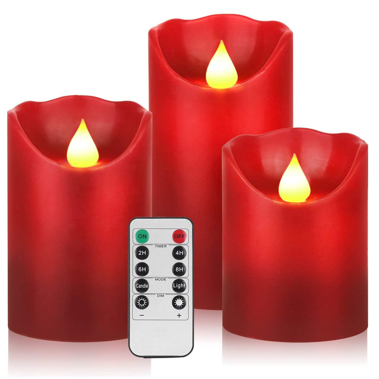 Junpei Led Candles, Battery Flickering Candles, Set Of 3 Red Real Wax,300+ Hour Decorating Pillars Candles, With10 Buttons Remot