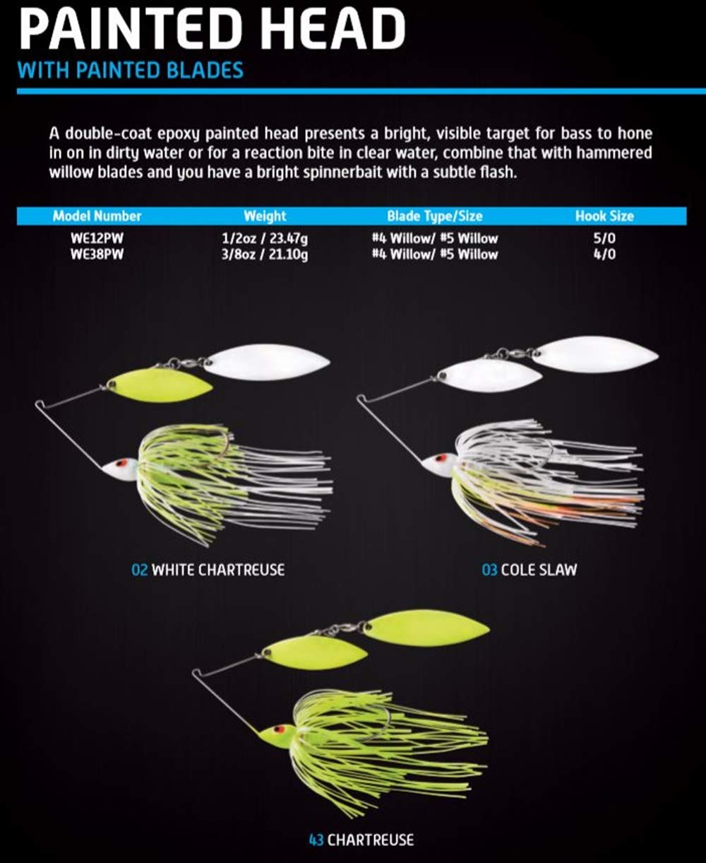 War Eagle Custom Lures Painted Head Spinnerbait Fishing Lure, White Chartreuse, Painted Double Willow (3/8 Oz)