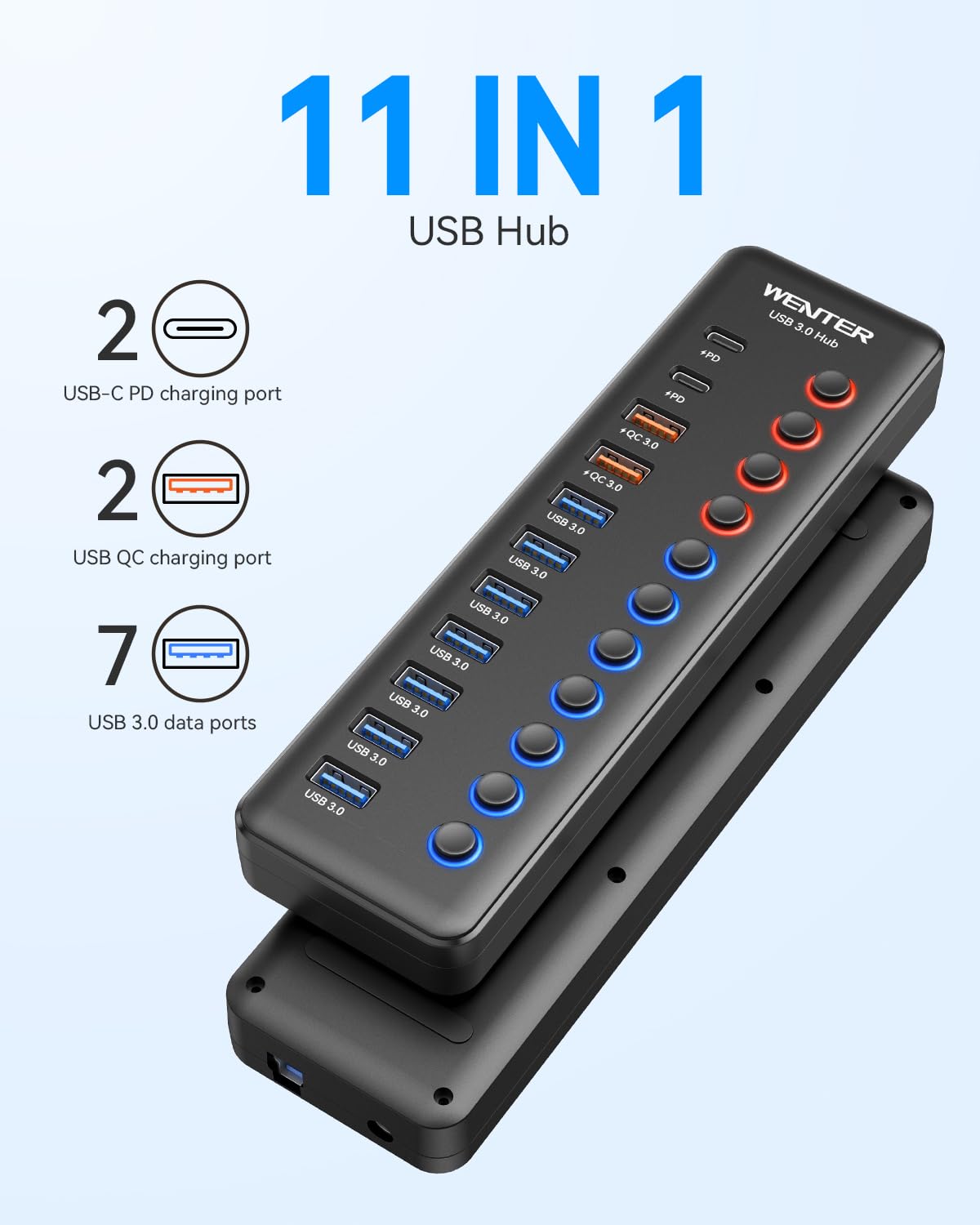 Powered Usb 3.0 Hub, Wenter 48W 11 Port Usb Hub Splitter (7 Faster Data Transfer Ports+ 4Pcs Qc Charging Ports) With Individual Led On/Off Switches, Usb Hub 3.0 Powered With Power Adapter