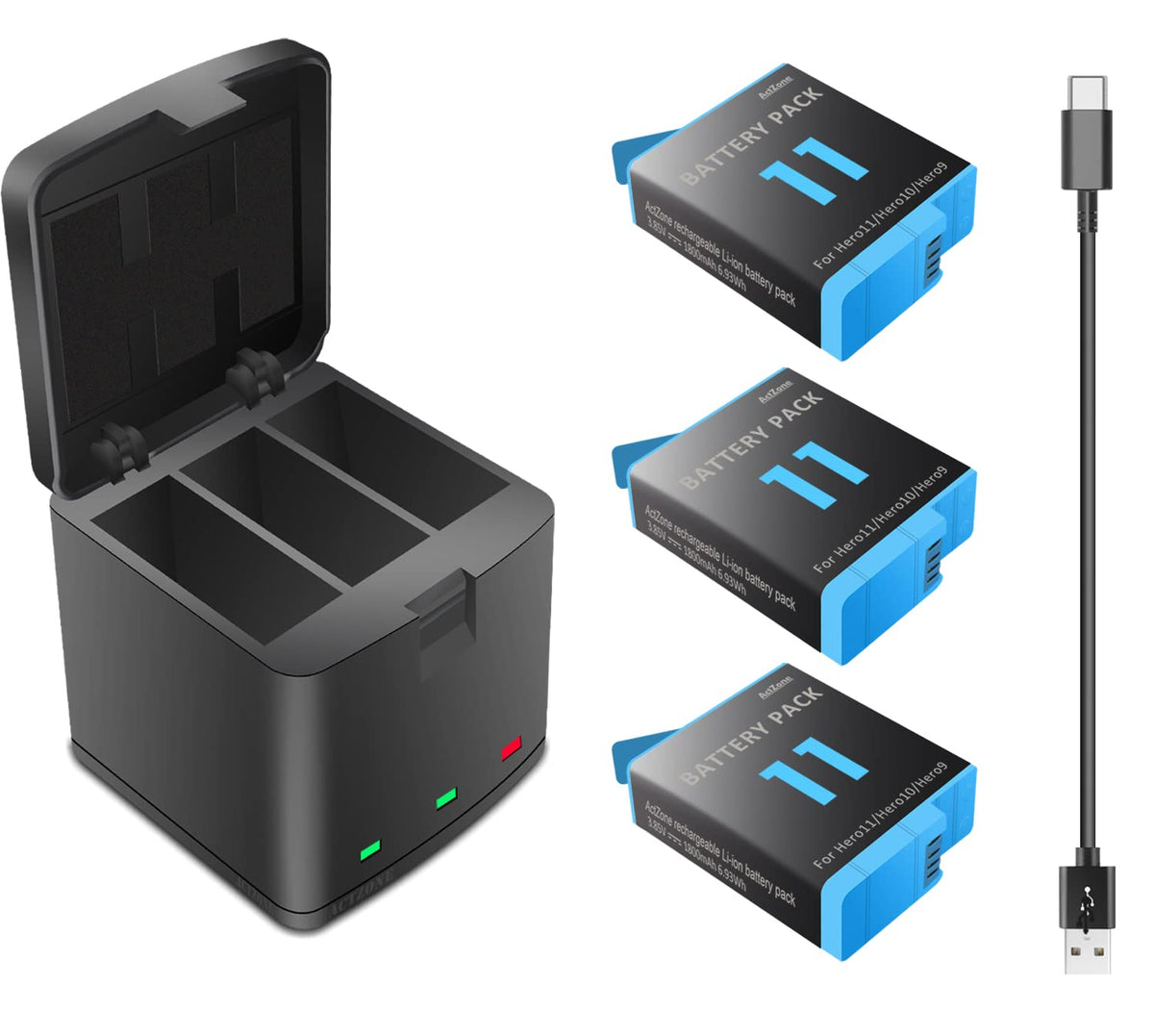 3Pack Hero 11 Batteries For Gopro Hero 12, Gopro Hero 11, Gopro Hero 10, Gopro Hero 9 Camera, 3 In 1 Battery Charger For Gopro 1