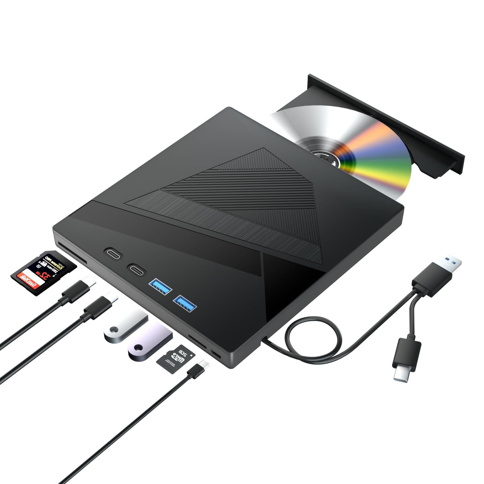 Taopjwr 7 In 1 External Cd/Dvd Drive For Laptop Usb 3.0 And Type C Dvd Player Portable +/ Rw Burner,Reader Rewriter Writer Disk