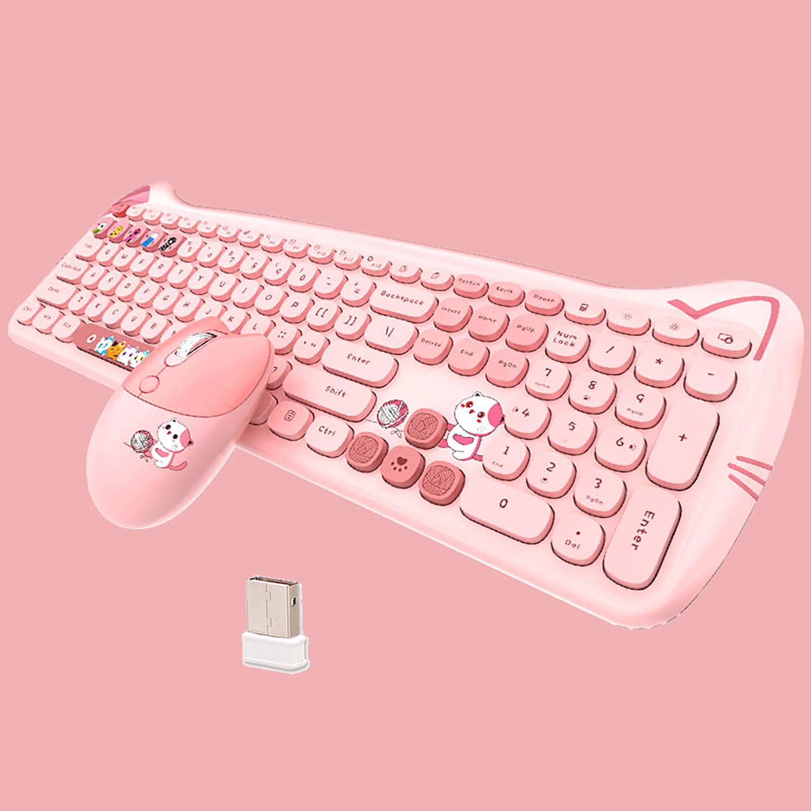 Cute Cat 2.4G Usb Wireless Keyboard And Mouse Combo, Silent Keys, Candy Colors, Compatible With Notebook, Pc (Pink 110Keys)