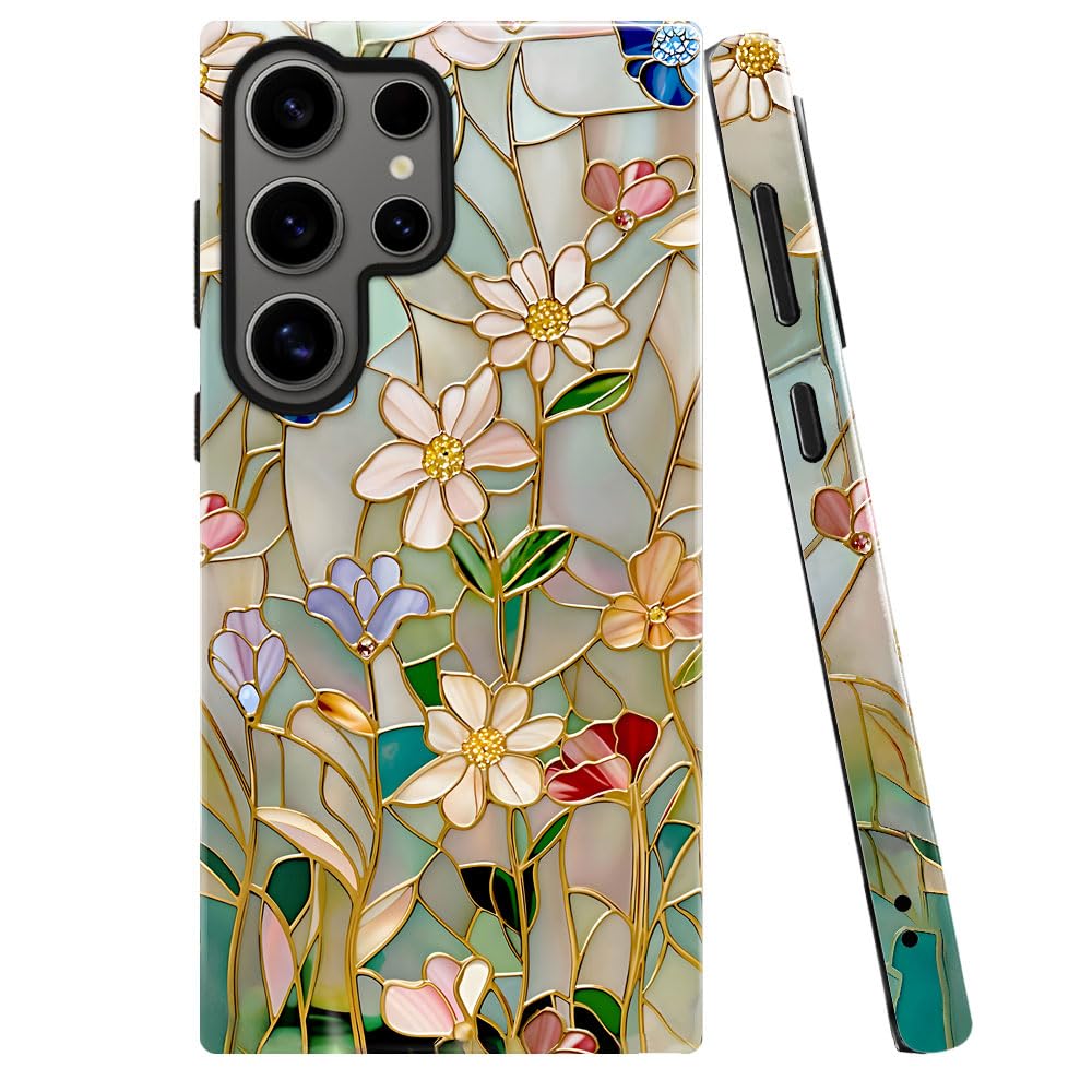 TnXee Case for Samsung Galaxy S24 Ultra,Stained Glass Bloom Flower Phone Case Drop Resistant Glossy 2 in 1 Solid Dual-Layer Cove