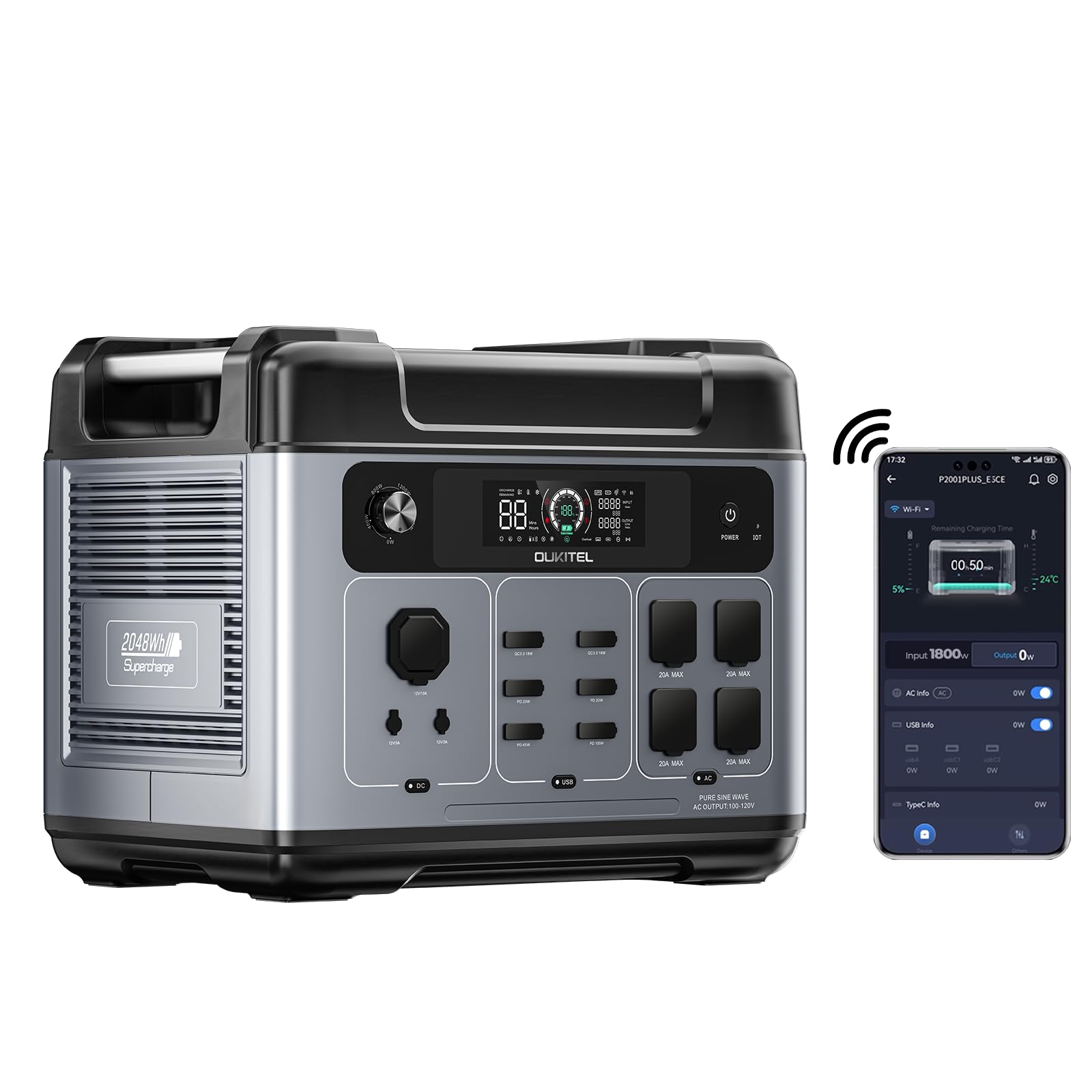 Oukitel P2001 Plus 2400W Solar Generator, 2048Wh Power Station(Peak 5000W) 1.5Hrs Fast Full Charging App Control Emergency Lifep