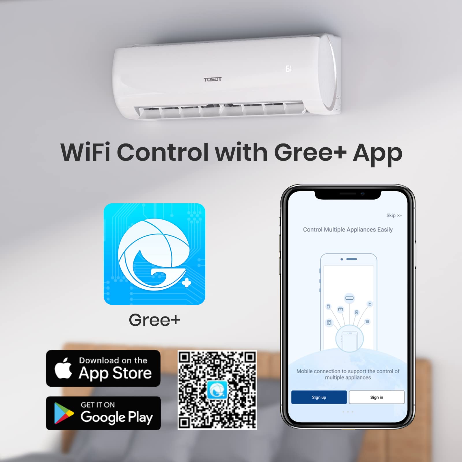 Tosot 9,000 Btu Mini Split Air Conditioner, Wifi Enabled Ductless Inverter Split System Ac Unit Heating System, Compatible With