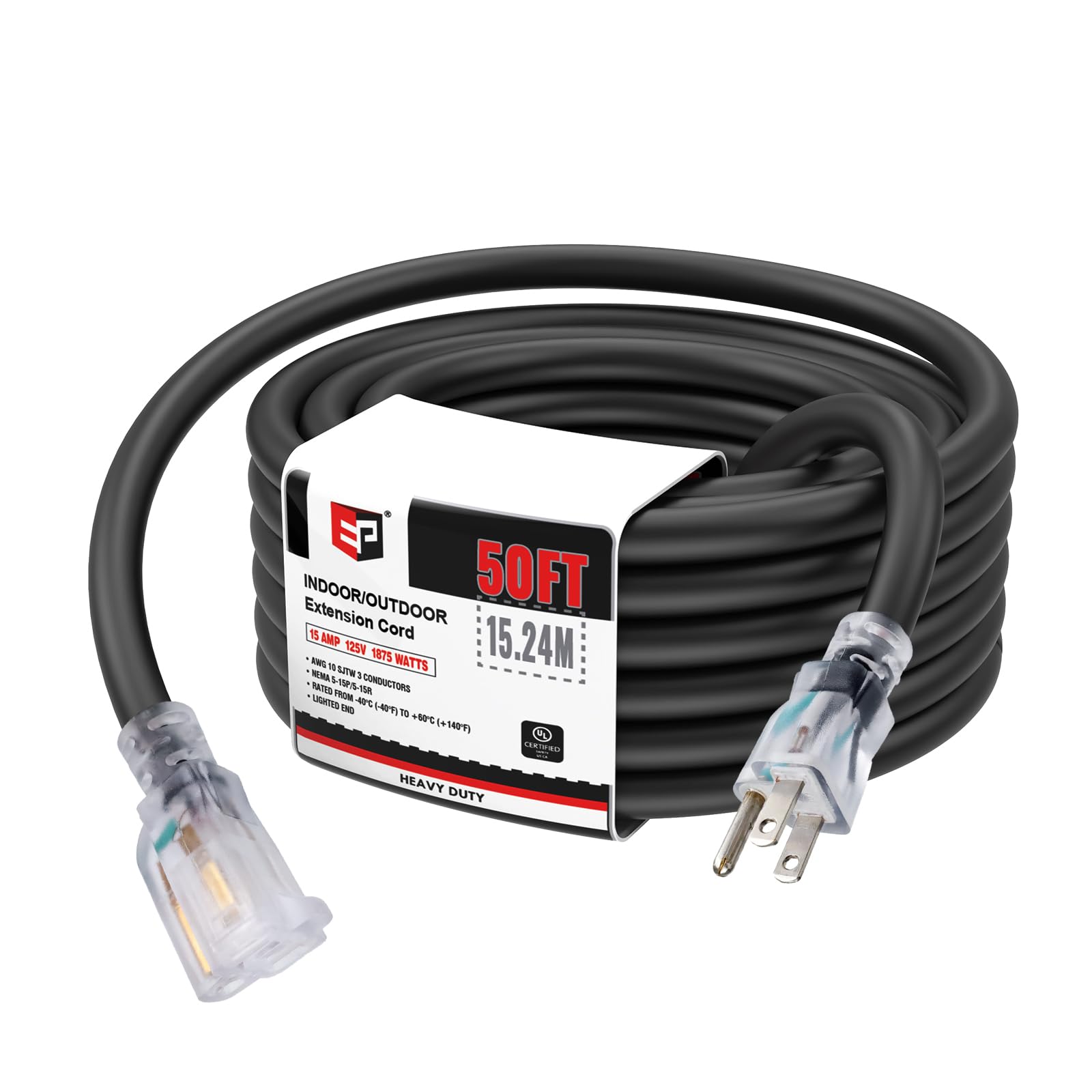 Ep 50 Ft Lighted Outdoor Extension Cord   10/3 Sjtw Heavy Duty Black Extension Cable With 3 Prong Grounded Plug For Safety, Ul L