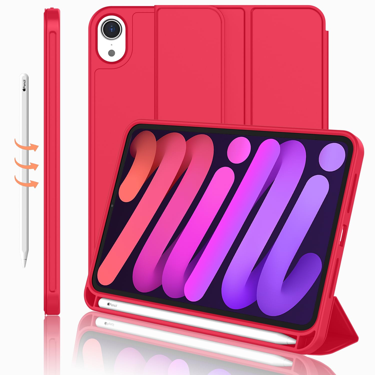 Imieet Ipad Mini 7 Case 2024 (A17 Pro), Ipad Mini 6 Case (8.3 Inch,2021 Model), Ipad Mini 7Th/6Th Generation Case With Pencil Holder, Trifold Stand Smart Case With Soft Tpu Back,Red
