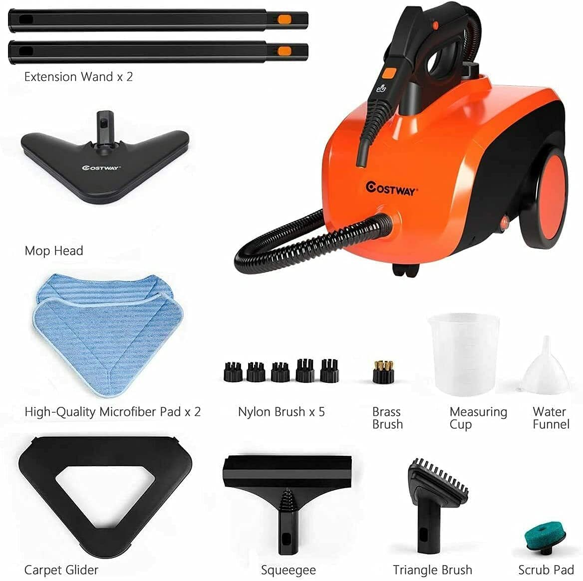 Costway Multipurpose Steam Cleaner With 19 Accessories, Heavy Duty Household Steamer Chemical Free Cleaning, 1.5L Dual Tank Rolling Cleaning Machine For Carpet, Floor, Window And Car, Orange+Black