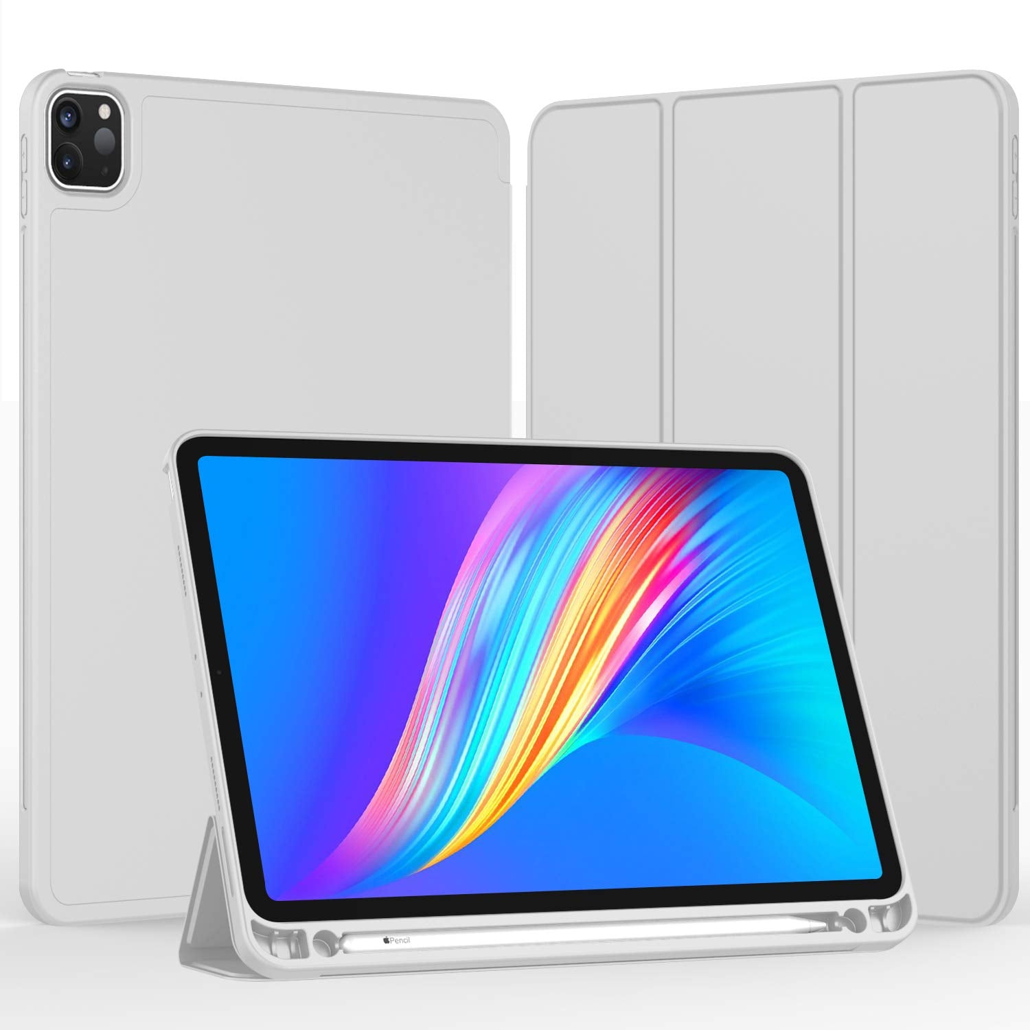 Imieet New Ipad Pro 11 Inch Case 2022(4Th Gen)/ 2021(3Rd Gen) With Pencil Holder [Support Ipad 2Nd Pencil Charging/Pair],Trifold Stand Smart Case With Soft Tpu Back,Auto Wake/Sleep(Light Gray)