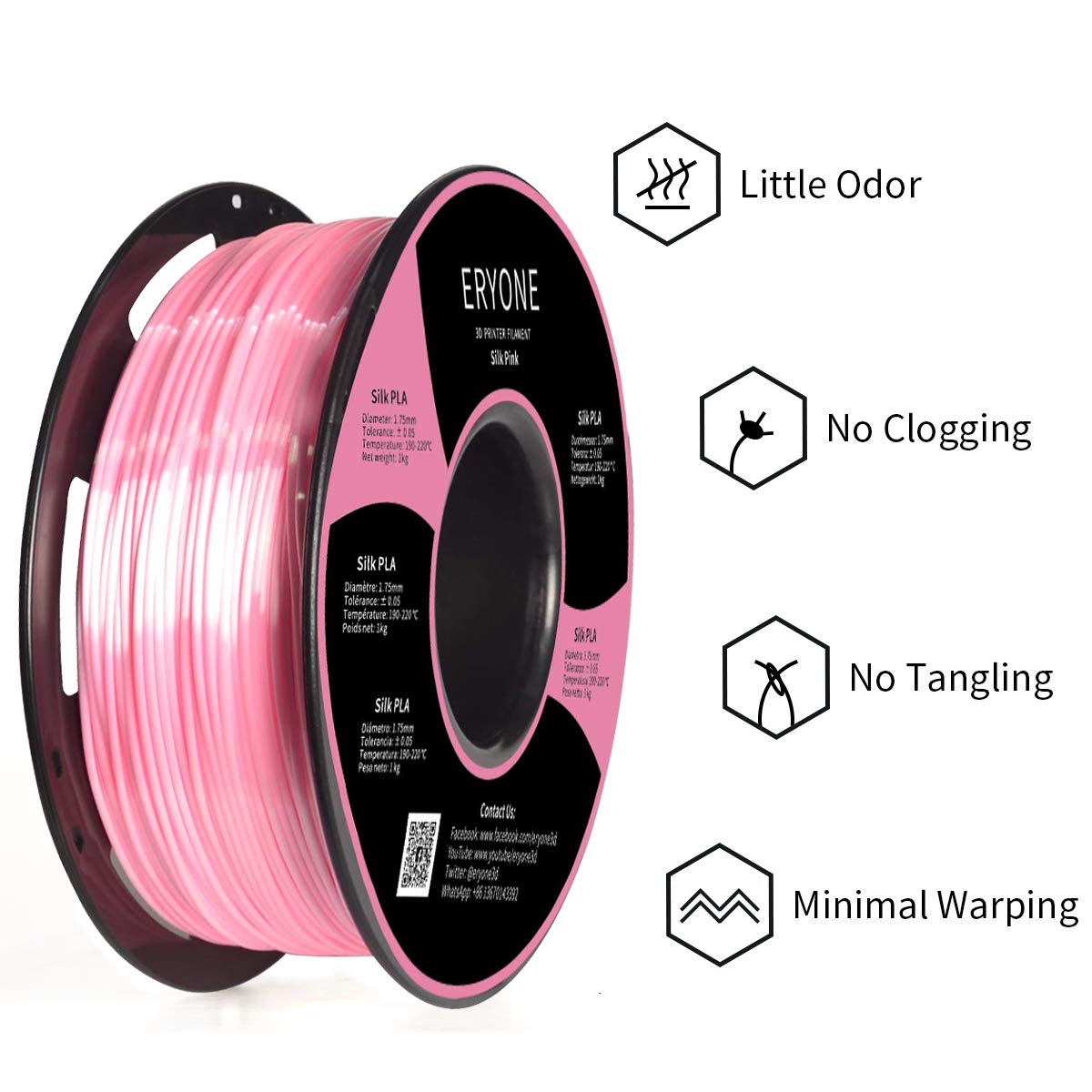 Eryone Silk Pla Filament For 3D Printer, 1.75Mm +/  0.03Mm, 1Kg (2.1Lbs)/Spool, Silk Pink