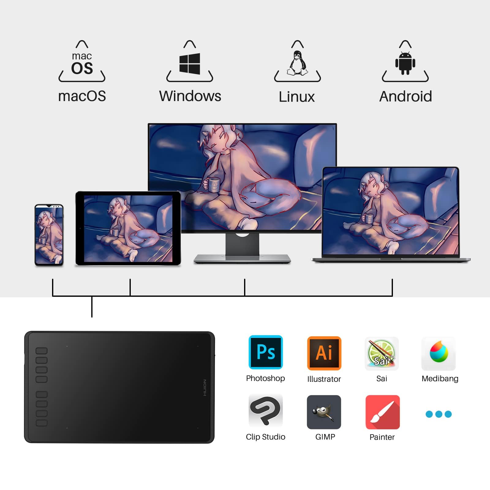 Huion Inspiroy H950P Drawing Tablet, 8X5 Inch Digital Art Tablet With Battery-Free Stylus, 8192 Pen Pressure, Tilt, 8 Hot Keys,