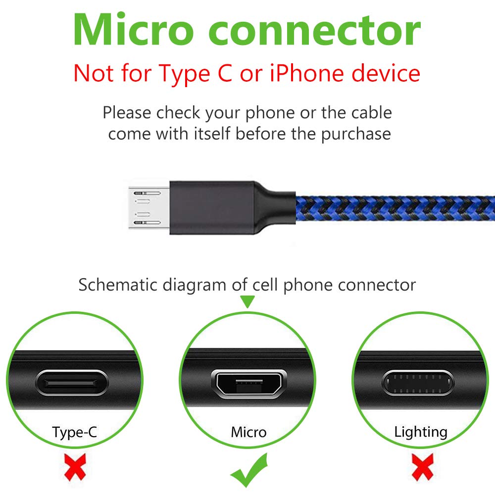 Micro Usb Cable, 3Pack 6Ft Android Charger Cord Long Braided Sync Fast Charging Cables Compatible With Samsung Galaxy S6 S7 Edge
