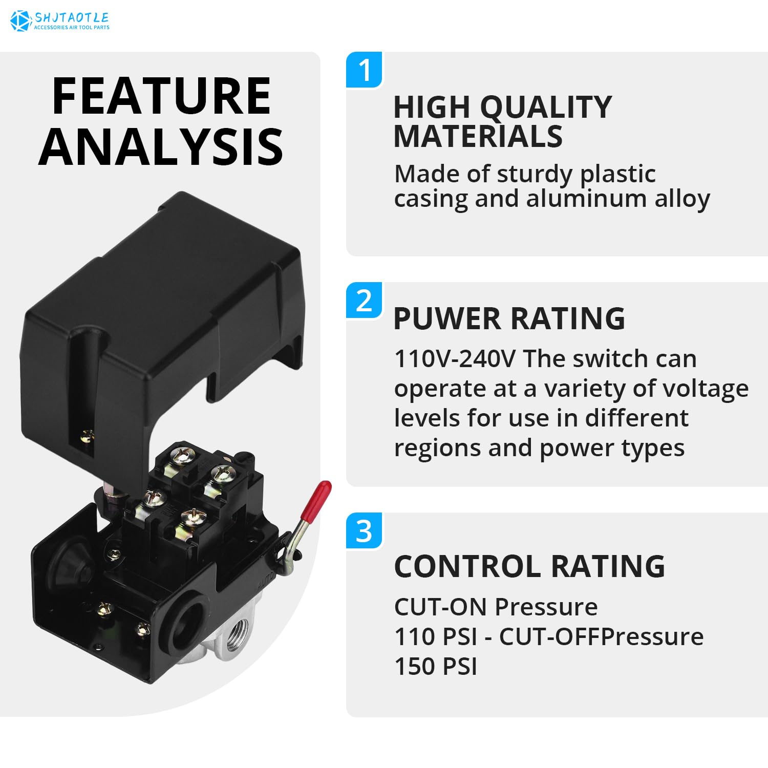 Universal Air Compressor Switch Kit (110 240V, 110 150 Psi)   4 Way Replacement, 0 180 Psi Regulator, Pressure Relief Valve, Dua