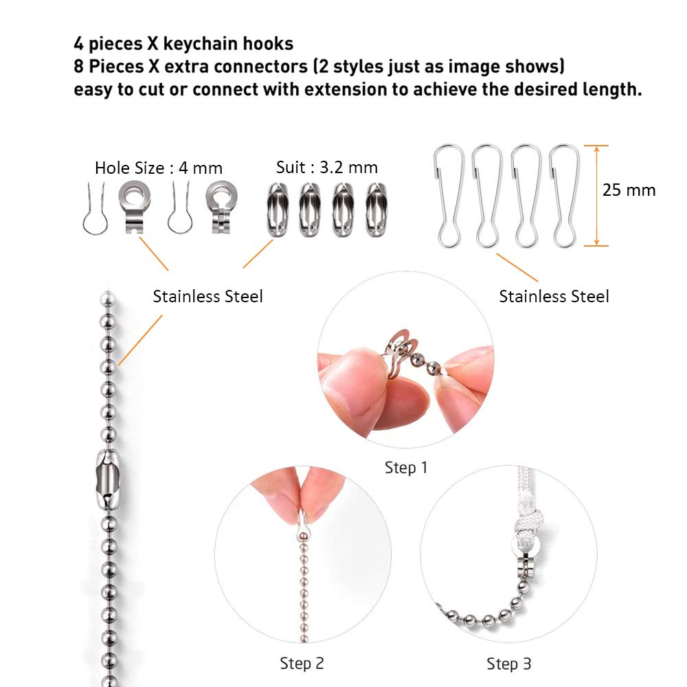Wayilea Ceiling Fan Pull Extension Chain Set, Light Chain Extender Stainless Steel Silver 3.2Mm Beaded Ball, Fan Cord Pull Strin